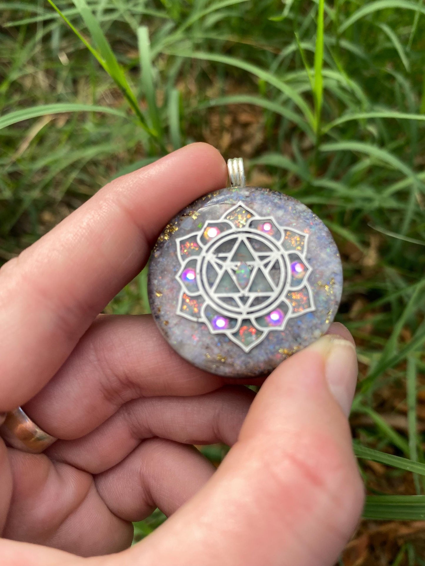 Merkaba Mandala, Orgone Pendant Necklace. Made w Elite Shungite, Lightning Ridge Opal.EMF Protection. TENSOR RING. Glow in the dark!