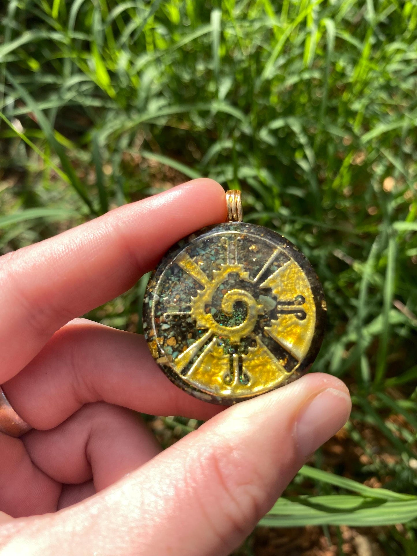 Hunab Ku, Orgone Pendant Necklace. Made w Elite Shungite, 25 ct Gold and Turquoise. Tensor Ring. Powerful. EMF 5G Protection.