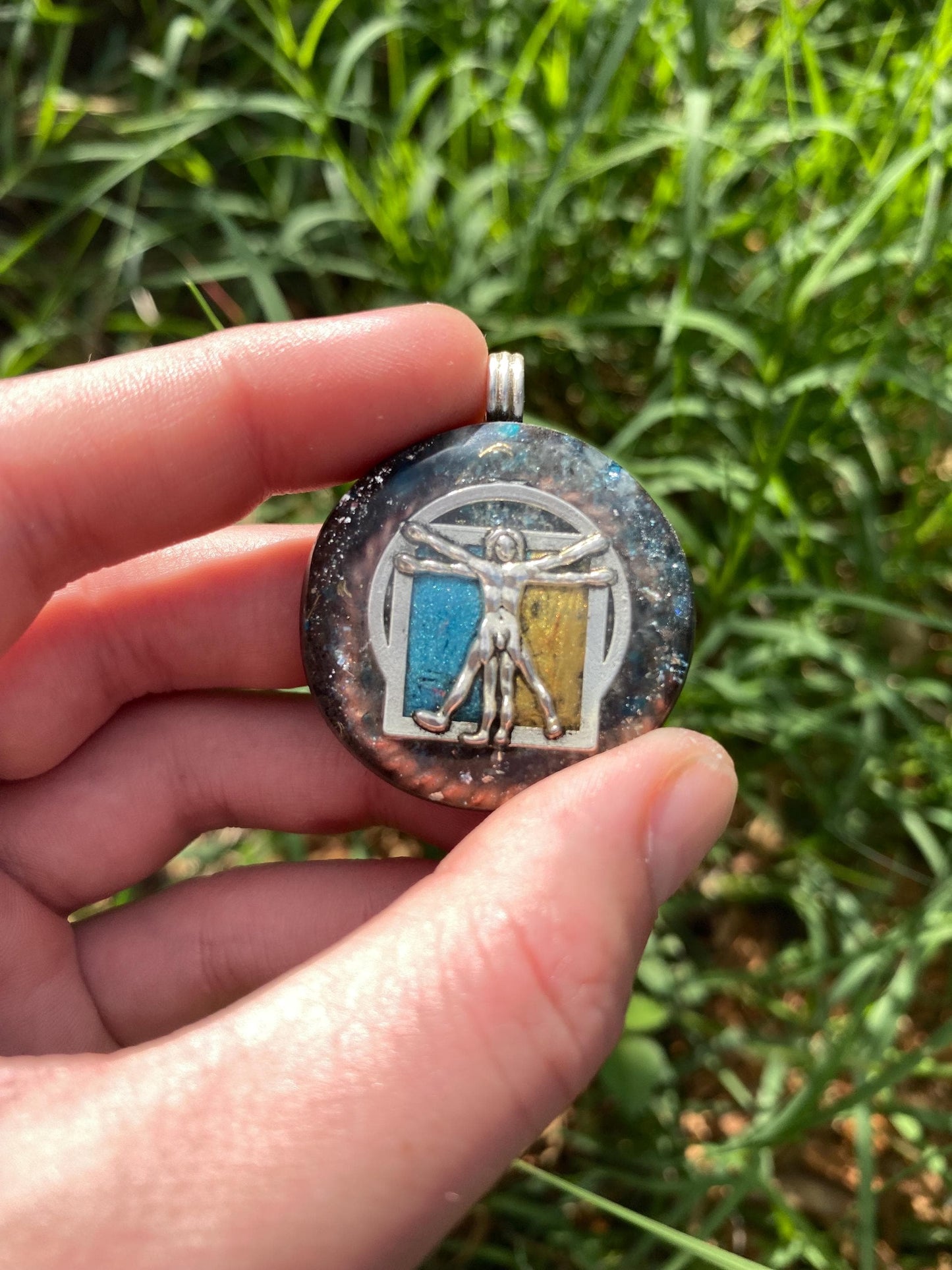 Vitruvian Man . Orgone Pendant Necklace. Made w Blue Apatite, & Elite Shungite. Tensor Ring. Powerful. EMF Protection.