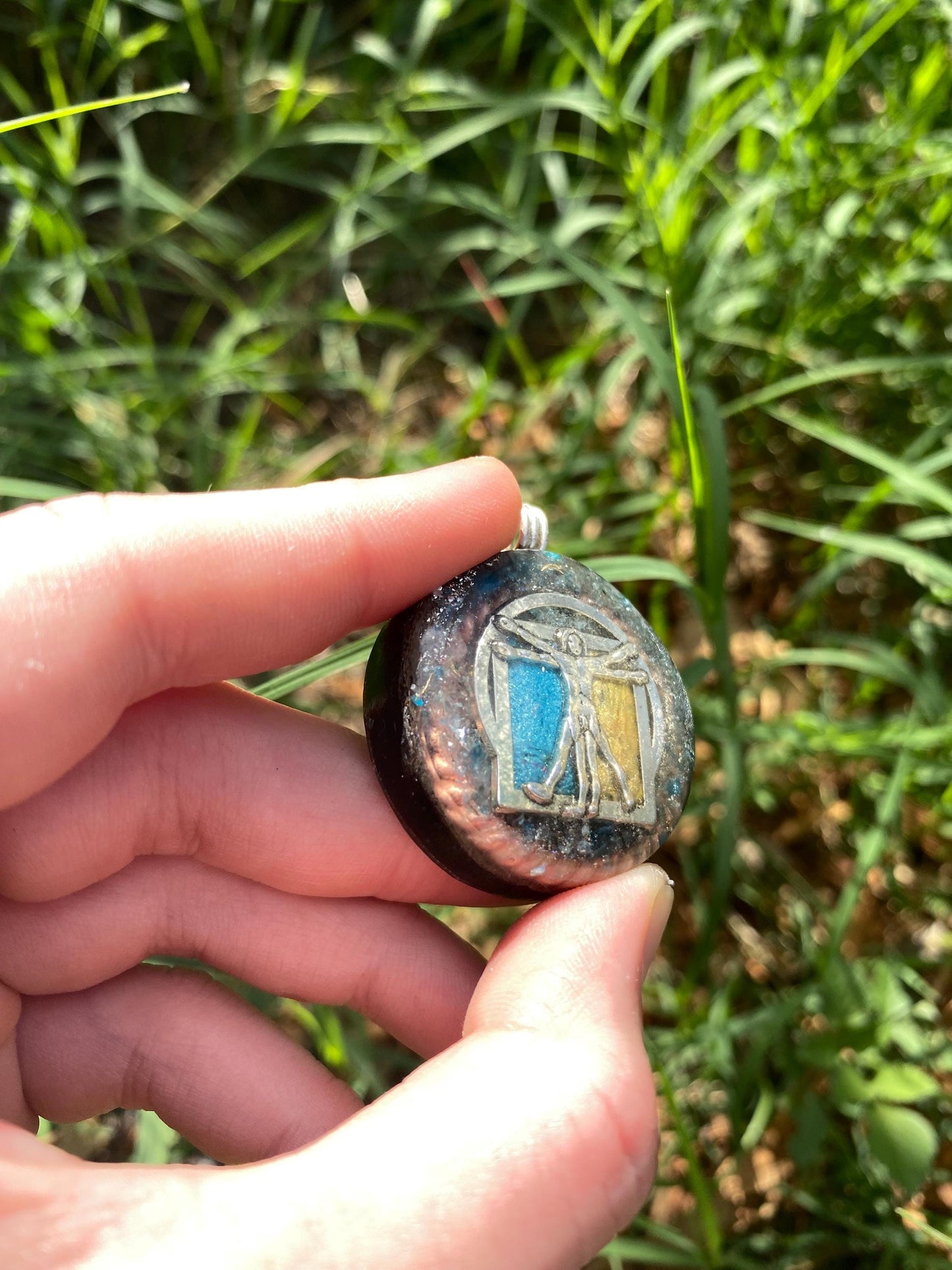 Vitruvian Man . Orgone Pendant Necklace. Made w Blue Apatite, & Elite Shungite. Tensor Ring. Powerful. EMF Protection.
