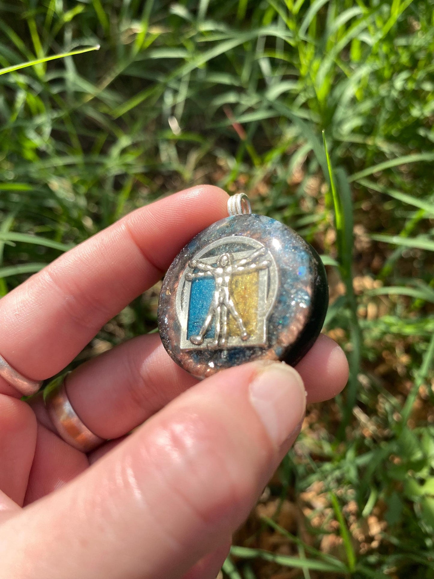 Vitruvian Man . Orgone Pendant Necklace. Made w Blue Apatite, & Elite Shungite. Tensor Ring. Powerful. EMF Protection.