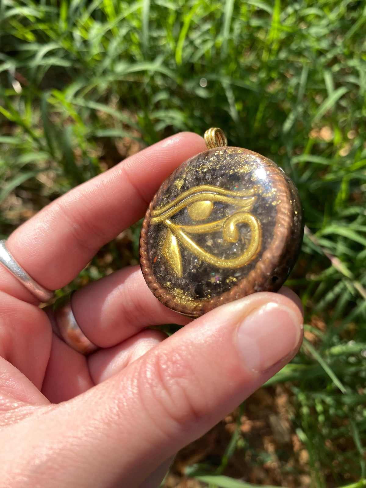 Eye of Horus, Orgone Pendant Necklace. Made w Elite Shungite, Gold Sheen Obsidian, 24ct Gold and Tensor Ring. Powerful. EMF Protection. Ohm