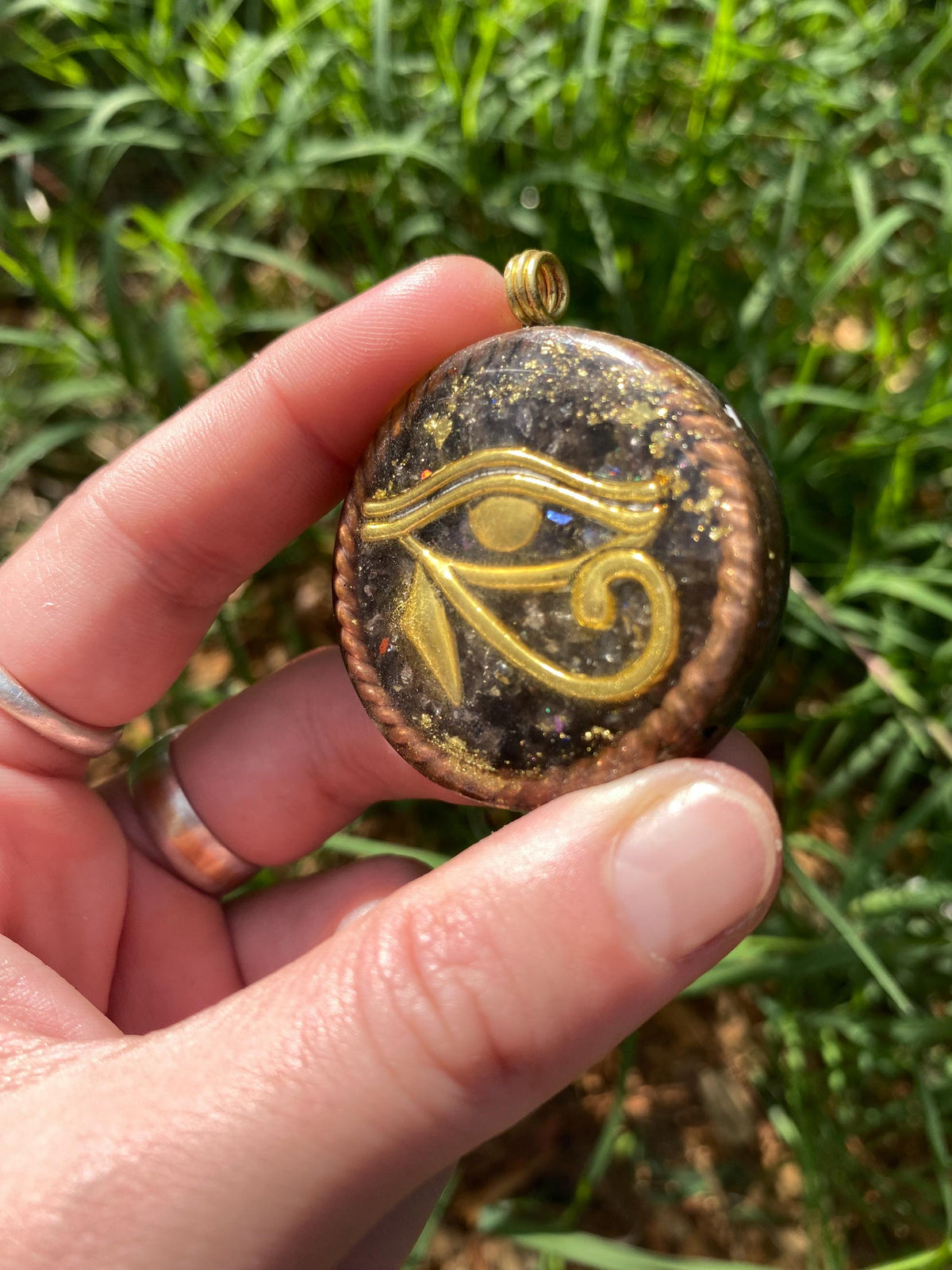 Eye of Horus, Orgone Pendant Necklace. Made w Elite Shungite, Gold Sheen Obsidian, 24ct Gold and Tensor Ring. Powerful. EMF Protection. Ohm