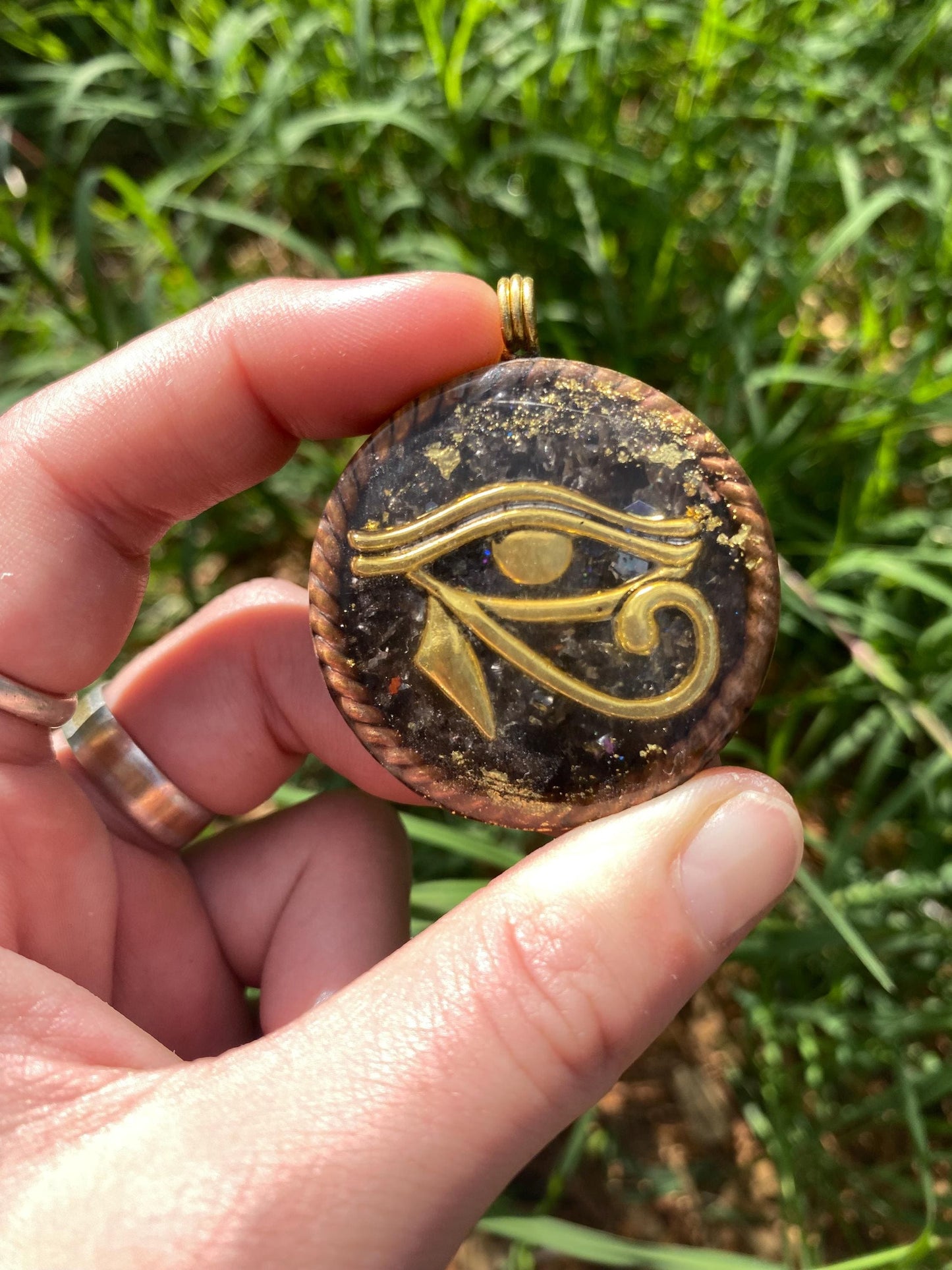 Eye of Horus, Orgone Pendant Necklace. Made w Elite Shungite, Gold Sheen Obsidian, 24ct Gold and Tensor Ring. Powerful. EMF Protection. Ohm