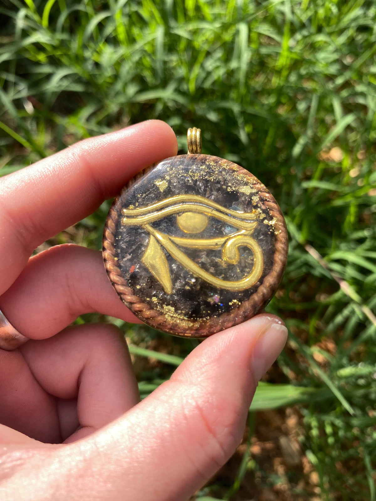 Eye of Horus, Orgone Pendant Necklace. Made w Elite Shungite, Gold Sheen Obsidian, 24ct Gold and Tensor Ring. Powerful. EMF Protection. Ohm