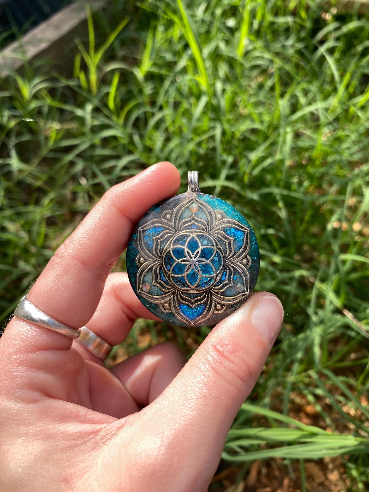 Seed of life Mandala. Orgone Pendant Necklace. Made w Elite Shungite, chryscolla, & Tensor Ring. Powerful. 5G Protection.