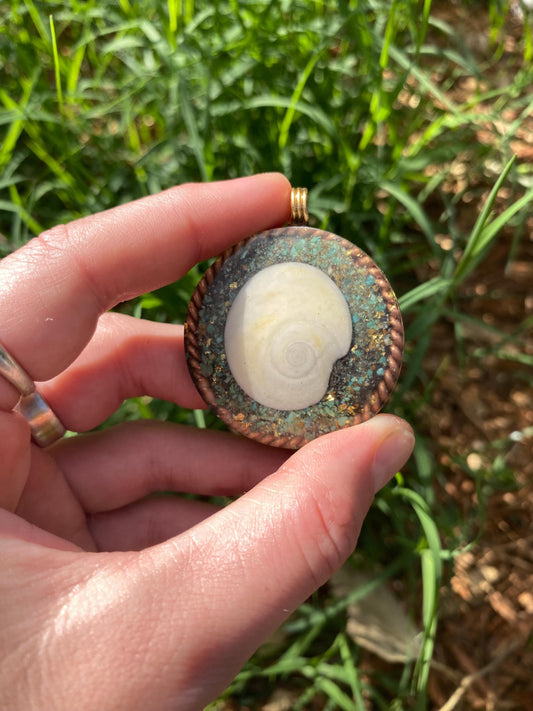 Spiral Shell, Orgone Pendant Necklace. Made w Elite Shungite, 25 ct Gold and Turquoise. Tensor Ring. Powerful. EMF 5G Protection.