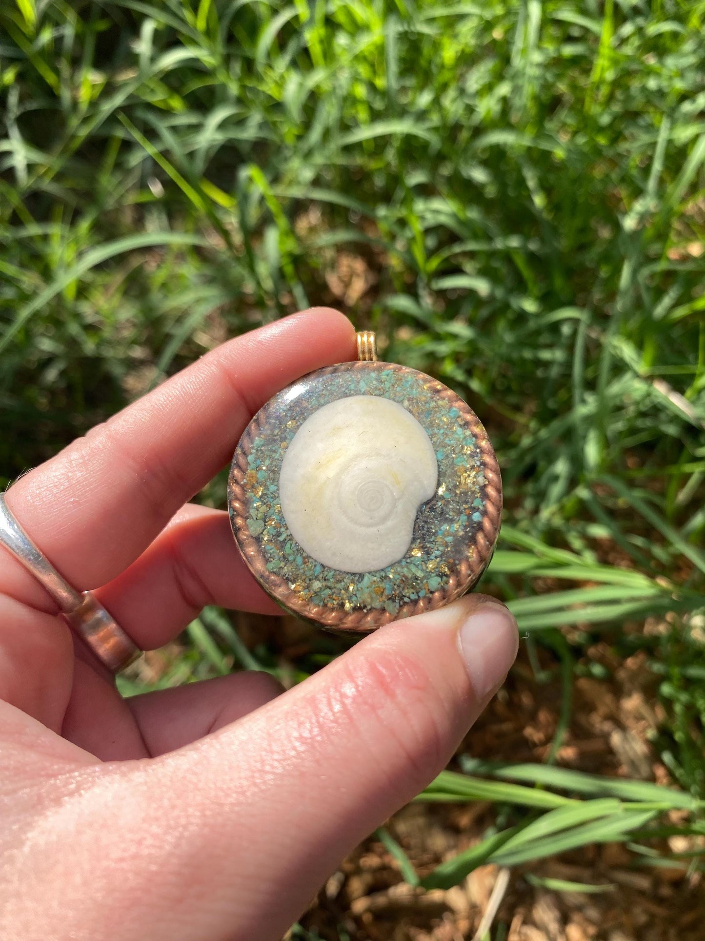 Spiral Shell, Orgone Pendant Necklace. Made w Elite Shungite, 25 ct Gold and Turquoise. Tensor Ring. Powerful. EMF 5G Protection.