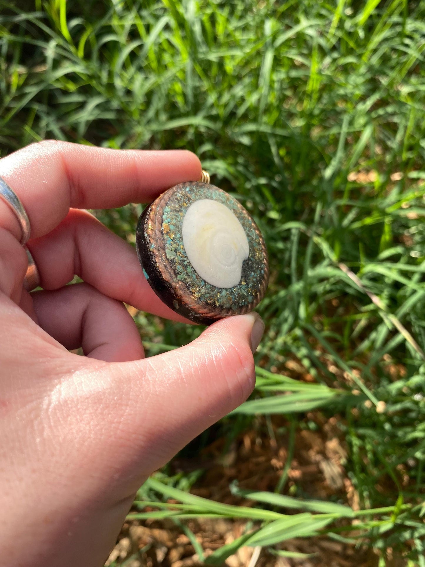 Spiral Shell, Orgone Pendant Necklace. Made w Elite Shungite, 25 ct Gold and Turquoise. Tensor Ring. Powerful. EMF 5G Protection.