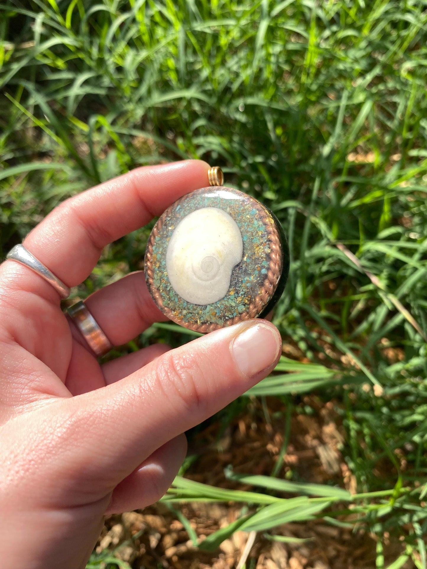 Spiral Shell, Orgone Pendant Necklace. Made w Elite Shungite, 25 ct Gold and Turquoise. Tensor Ring. Powerful. EMF 5G Protection.