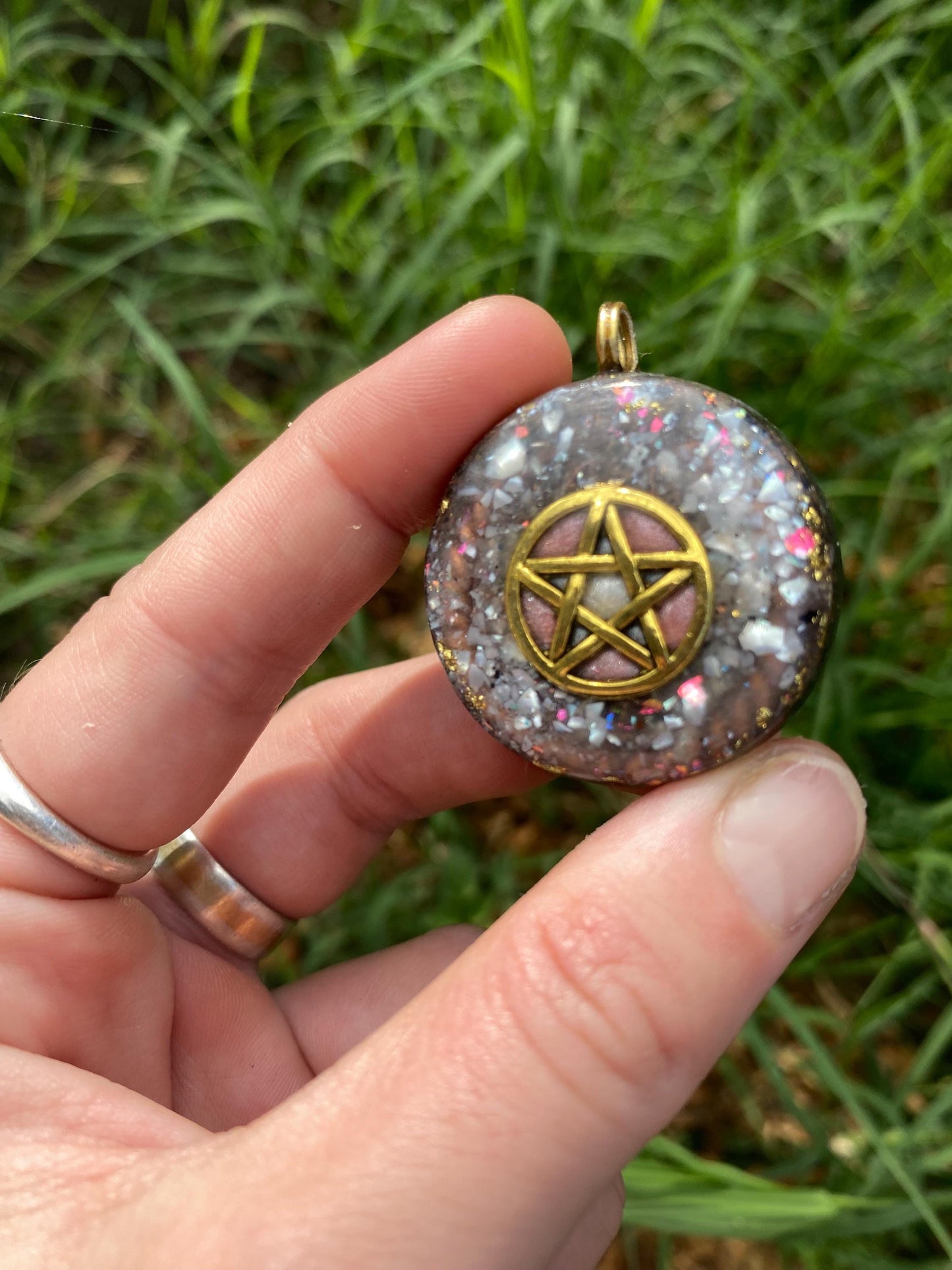 Pentagram Pendant Necklace. Made w Elite Shungite, Selenite, 24ct Gold and Pearl. Powerful. EMF Protection. 5G Protection. TENSOR RING