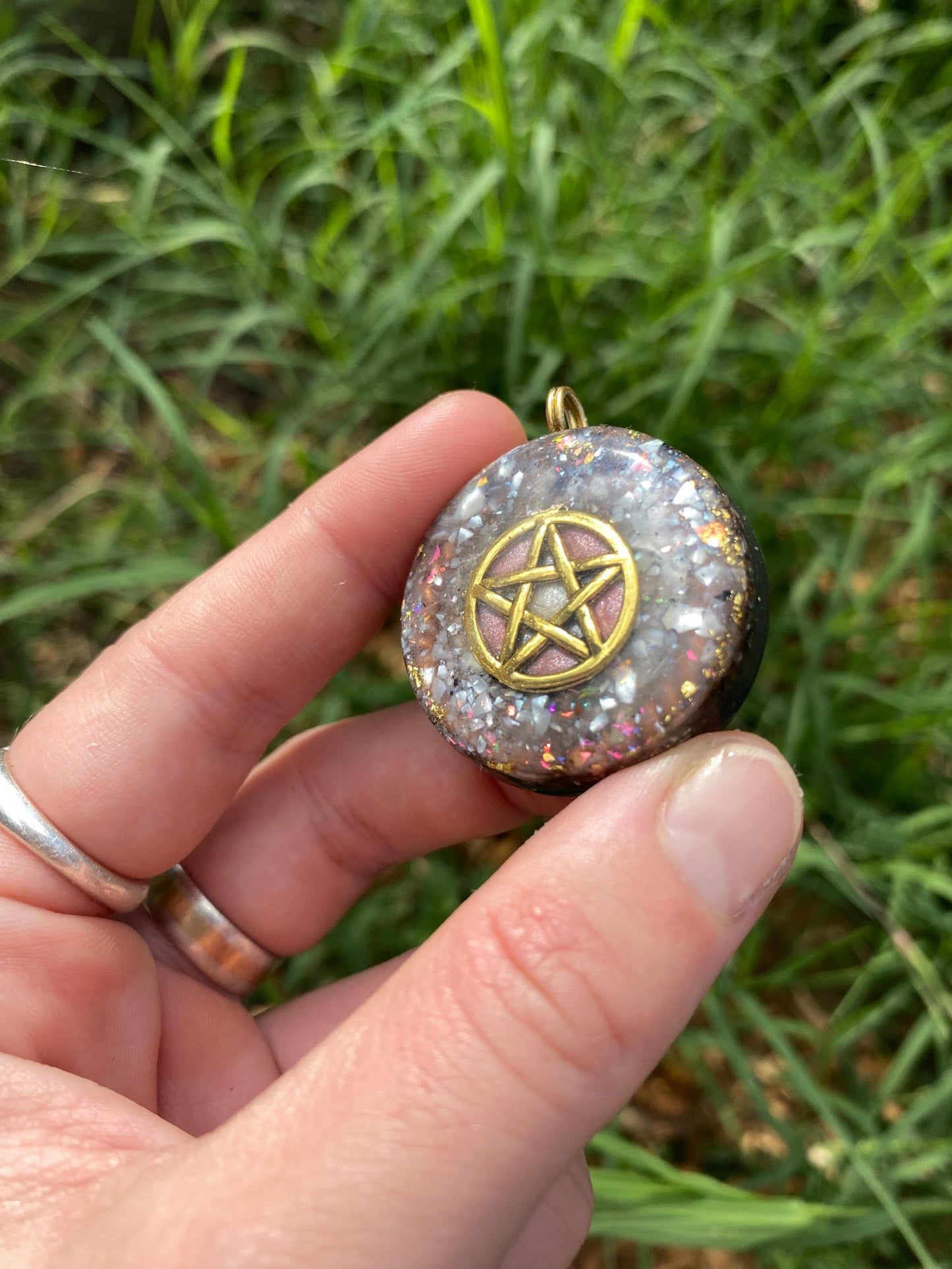 Pentagram Pendant Necklace. Made w Elite Shungite, Selenite, 24ct Gold and Pearl. Powerful. EMF Protection. 5G Protection. TENSOR RING