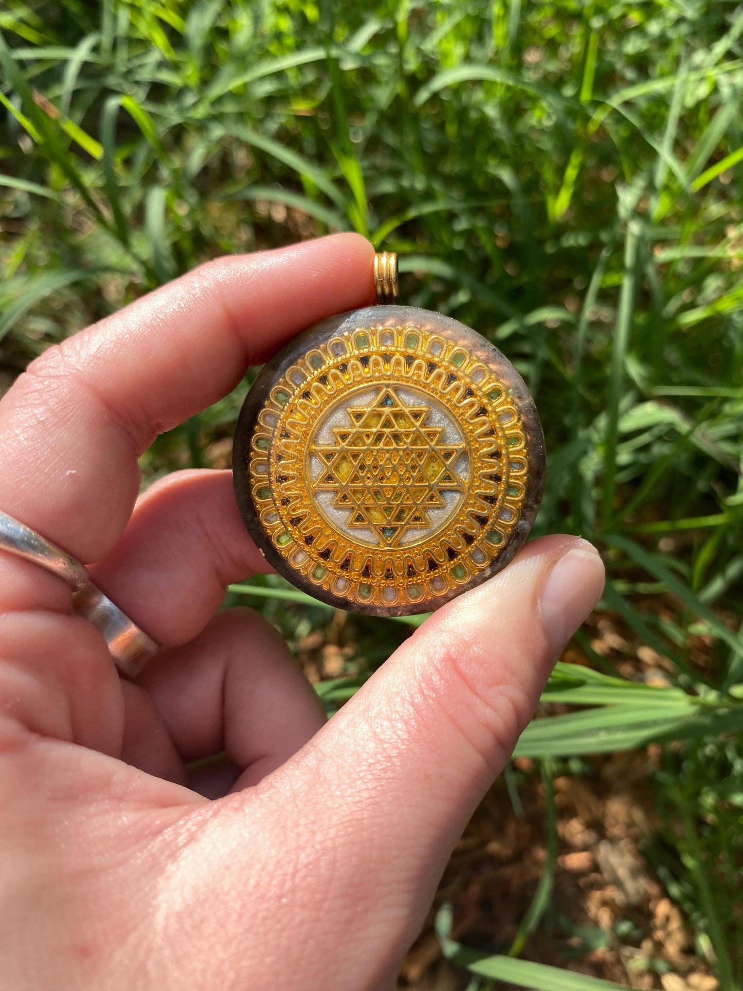 Sri Yantra mandala. Pendant Necklace. Made w Elite Shungite. Smokey Quartz. Tensor Ring. EMF Protection. 5G Protection.