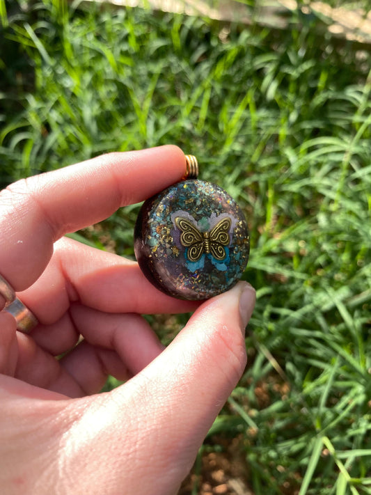 Butterfly, Orgone Pendant Necklace. Made w Elite Shungite, 25 ct Gold and Turquoise. Tensor Ring. Powerful. EMF 5G Protection.