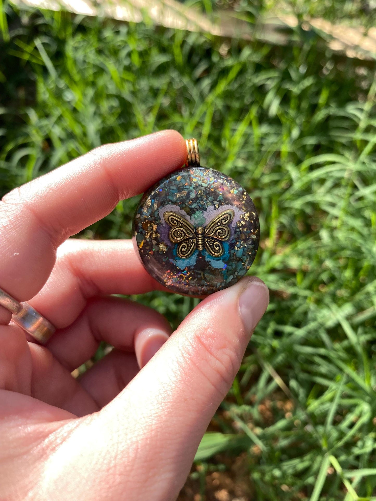 Butterfly, Orgone Pendant Necklace. Made w Elite Shungite, 25 ct Gold and Turquoise. Tensor Ring. Powerful. EMF 5G Protection.
