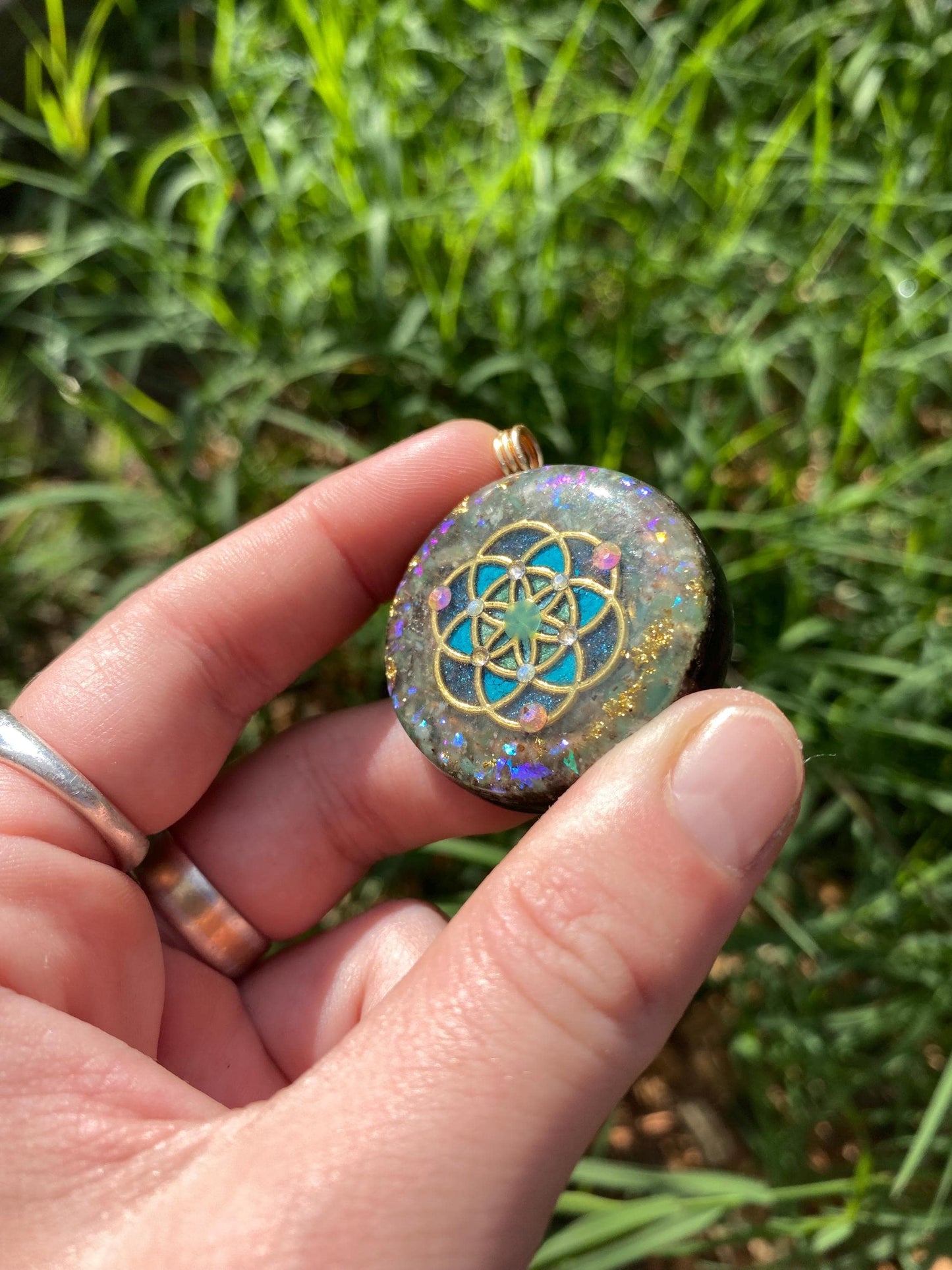 Seed of life. Orgone Pendant Necklace. Made w Chrysoprase, 24ct Gold & Elite Shungite. Tensor Ring. Powerful. EMF Protection.
