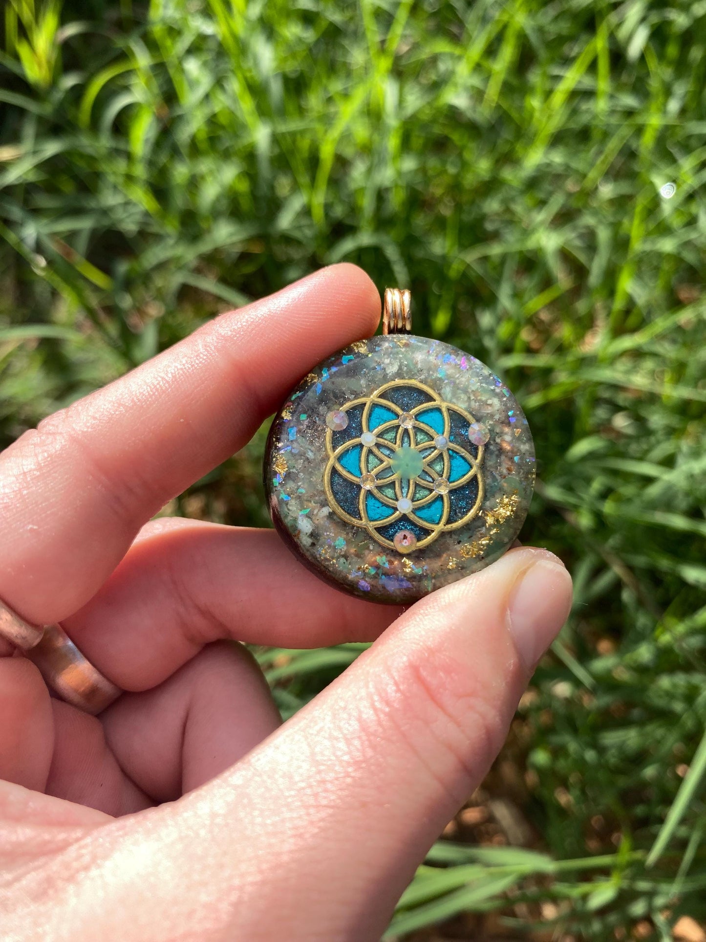 Seed of life. Orgone Pendant Necklace. Made w Chrysoprase, 24ct Gold & Elite Shungite. Tensor Ring. Powerful. EMF Protection.