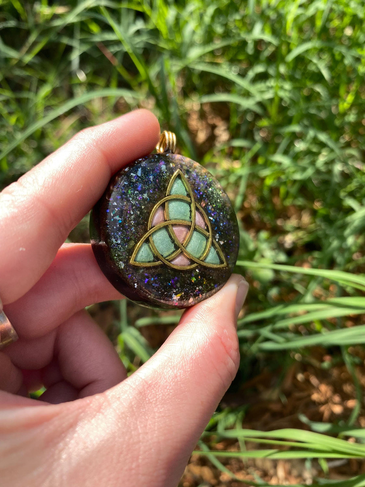 Triquetra Pendant Necklace. Made w Elite Shungite, Selenite, 24ct Gold and Septarian. Powerful. EMF Protection. 5G Protection. TENSOR RING