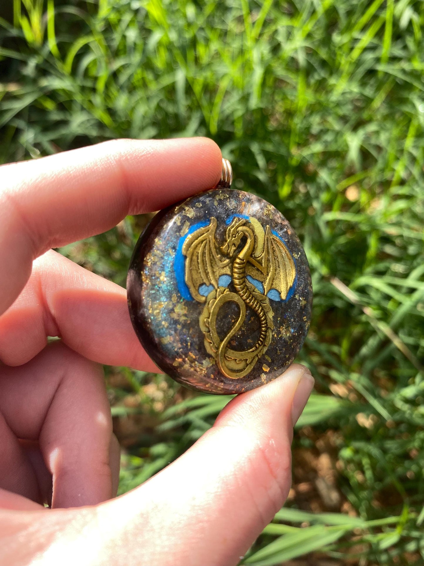 Dragon Pendant Necklace. Made w Elite Shungite, 24ct Gold and Black Kyanite. Powerful. EMF Protection. 5G Protection. Tensor Ring.