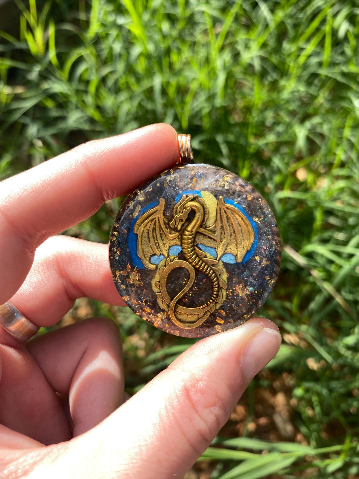 Dragon Pendant Necklace. Made w Elite Shungite, 24ct Gold and Black Kyanite. Powerful. EMF Protection. 5G Protection. Tensor Ring.