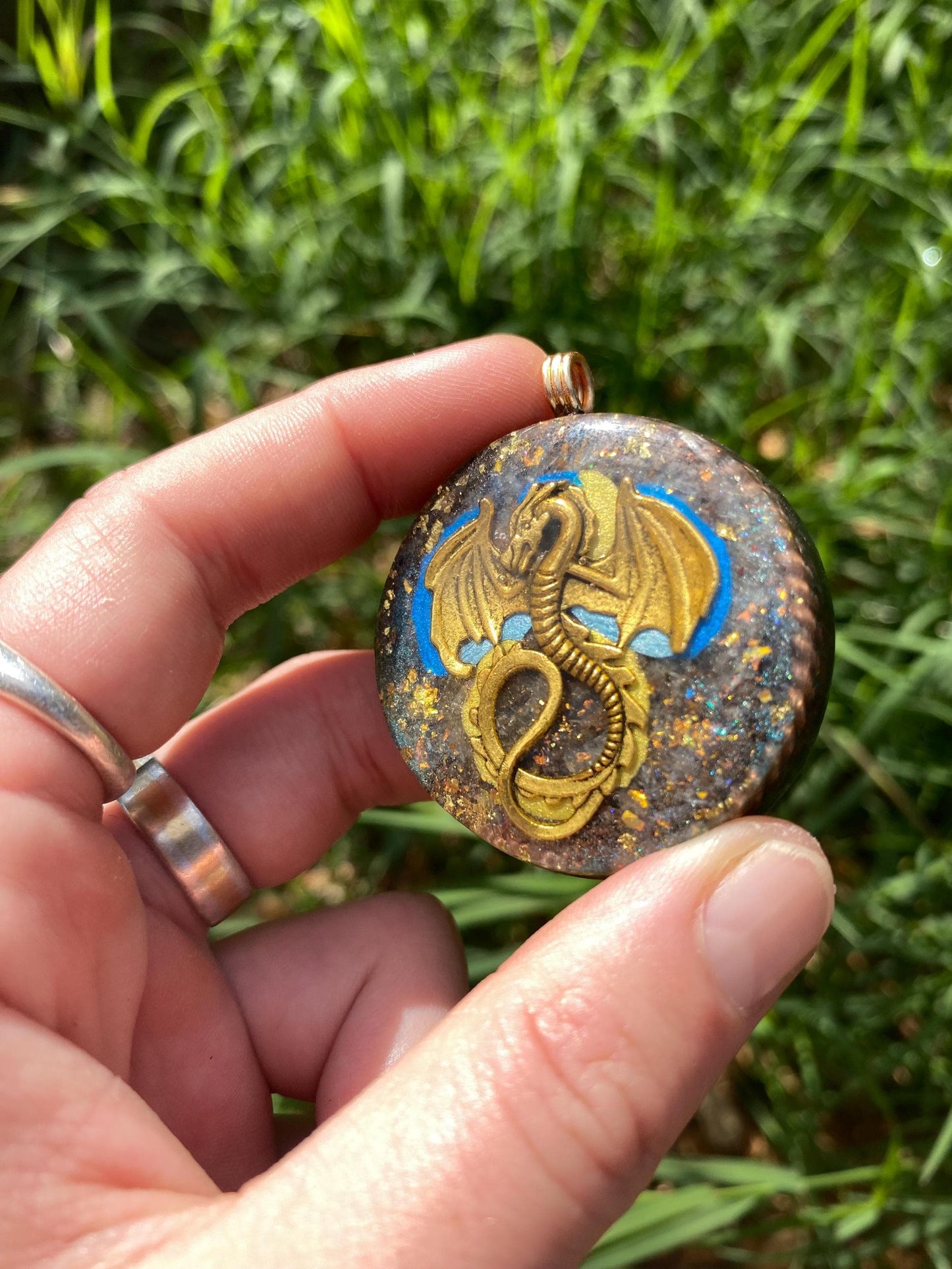 Dragon Pendant Necklace. Made w Elite Shungite, 24ct Gold and Black Kyanite. Powerful. EMF Protection. 5G Protection. Tensor Ring.