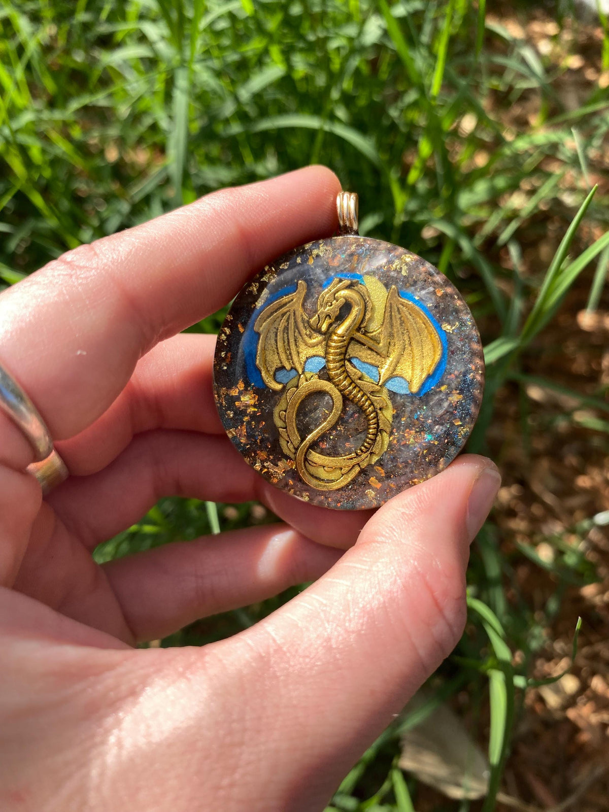 Dragon Pendant Necklace. Made w Elite Shungite, 24ct Gold and Black Kyanite. Powerful. EMF Protection. 5G Protection. Tensor Ring.