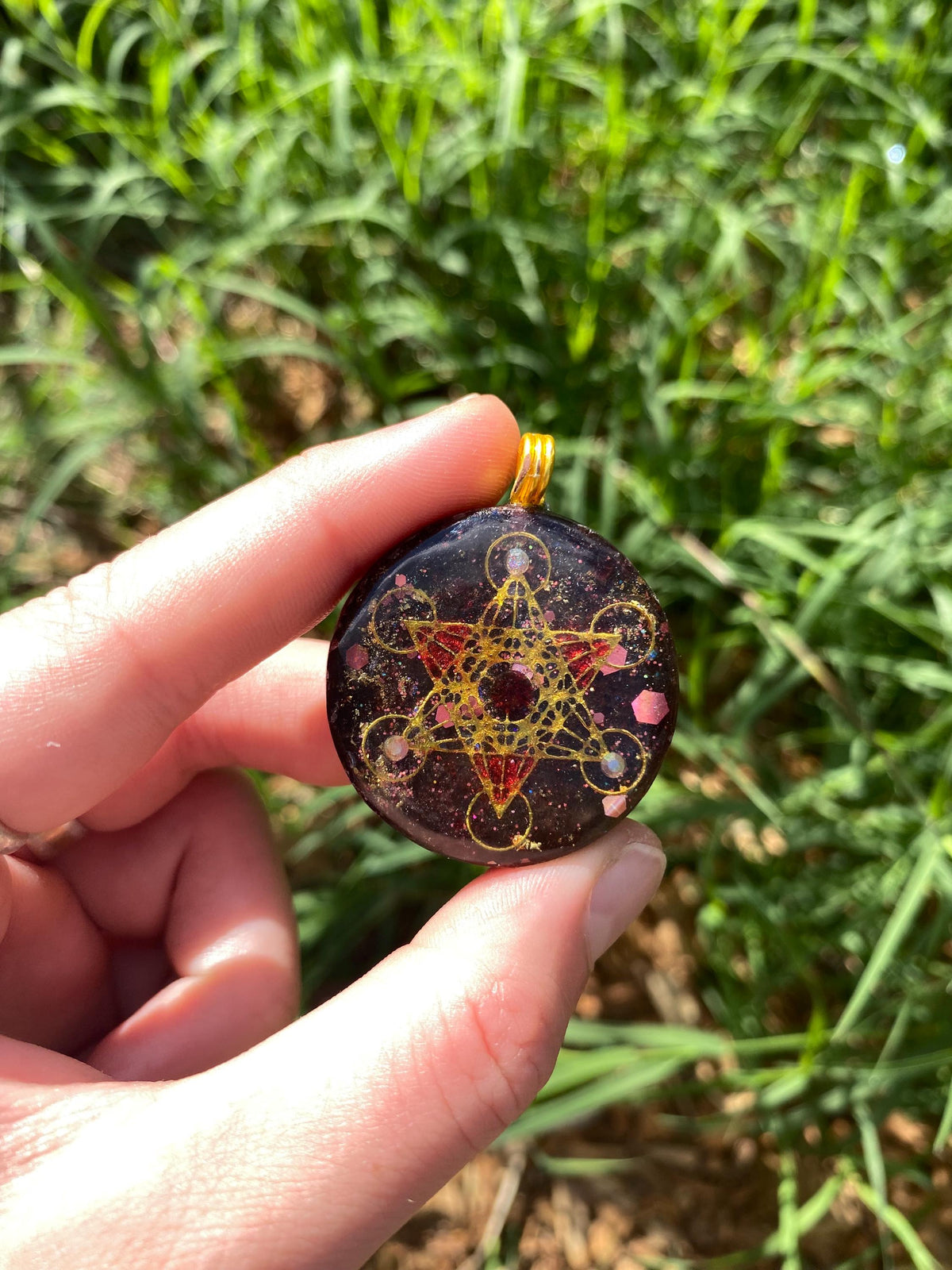 Metatrons Cube. Pendant Necklace. Made w Elite Shungite. Almandine Garnet. 24ct Gold. Tensor Ring. Powerful. EMF Protection. 5G Protection.