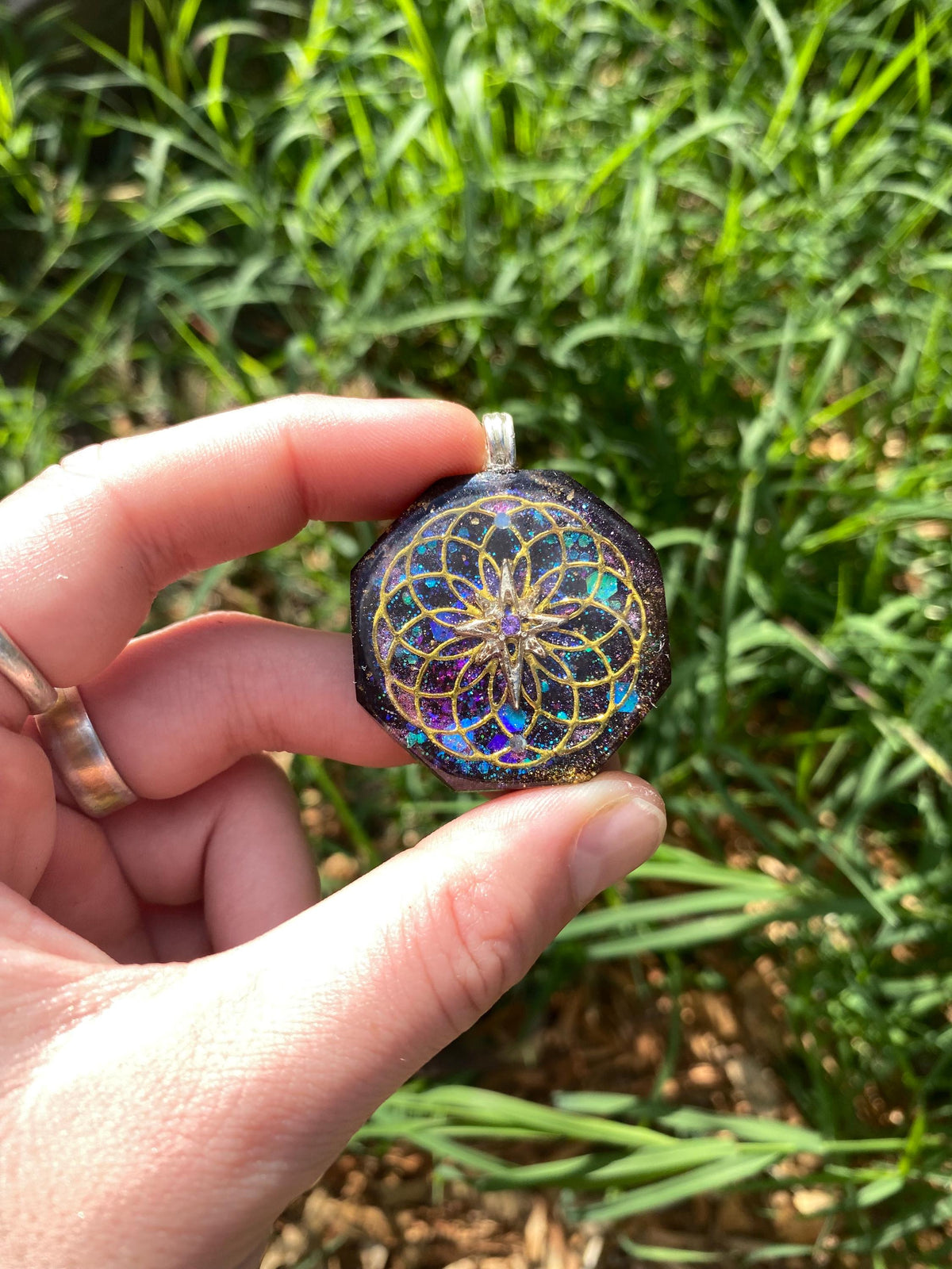Star on Torus. orgone Pendant Necklace. Made w Elite Shungite, Selenite, 24ct Gold and Mica. Powerful. EMF 5G Protection. TENSOR RING