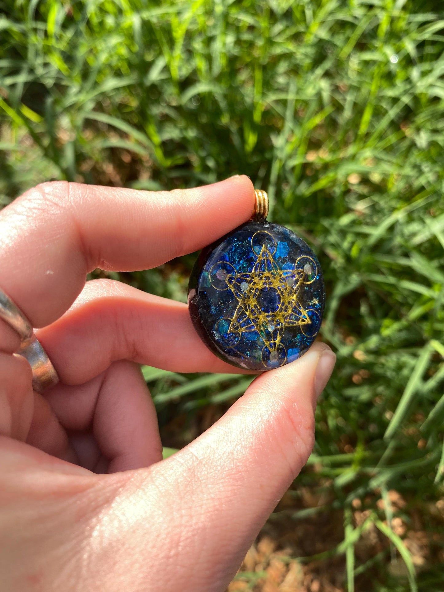 Metatrons Cube. Orgone Pendant Necklace. Made w Elite Shungite, blue kyanite. 24ct Gold Powerful. EMF Protection. 5G Protection. TENSOR RING