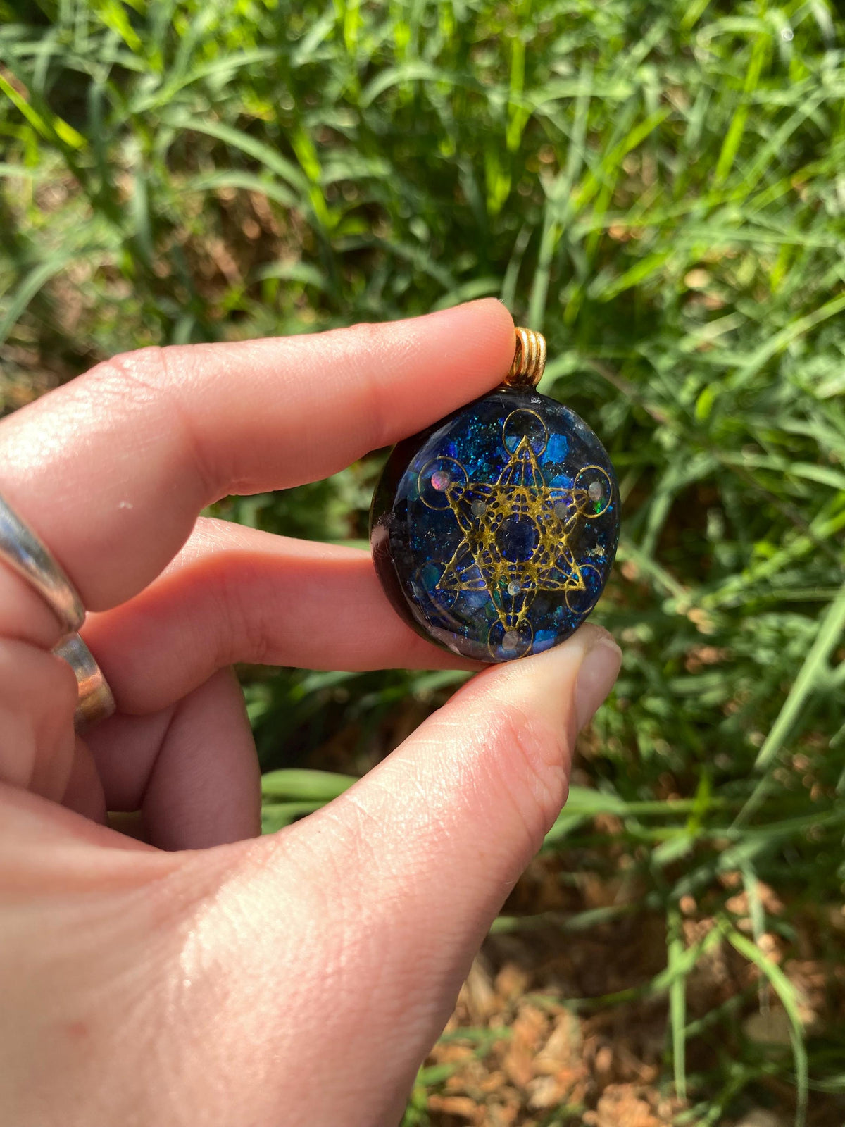 Metatrons Cube. Orgone Pendant Necklace. Made w Elite Shungite, blue kyanite. 24ct Gold Powerful. EMF Protection. 5G Protection. TENSOR RING