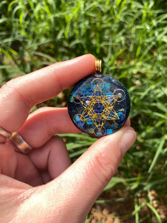 Metatrons Cube. Orgone Pendant Necklace. Made w Elite Shungite, blue kyanite. 24ct Gold Powerful. EMF Protection. 5G Protection. TENSOR RING