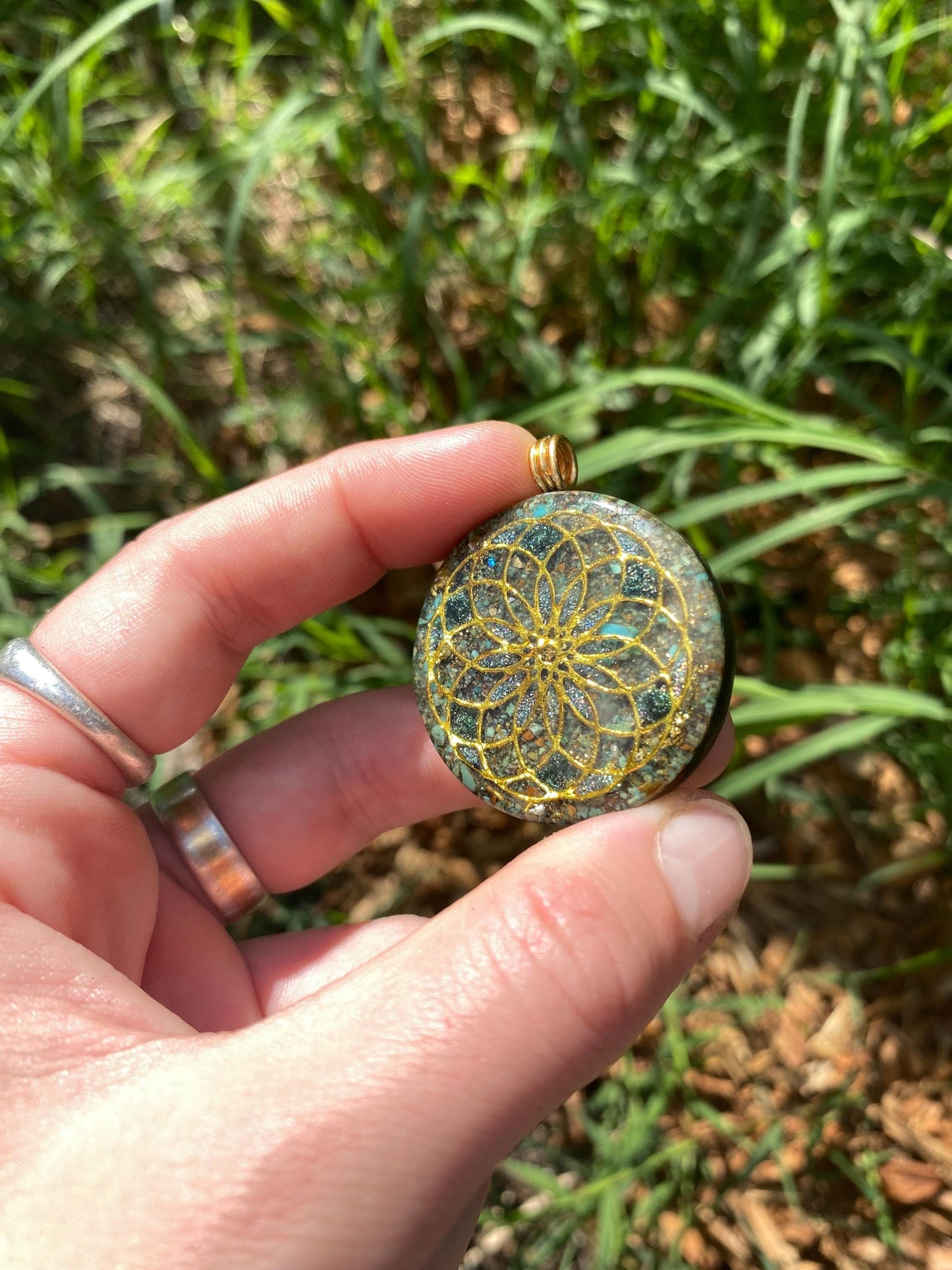 Eternal life lotus, Torus, Orgone Pendant Necklace. Made w Elite Shungite, 25 ct Gold and Turquoise. Tensor Ring. Powerful. EMF Protection.