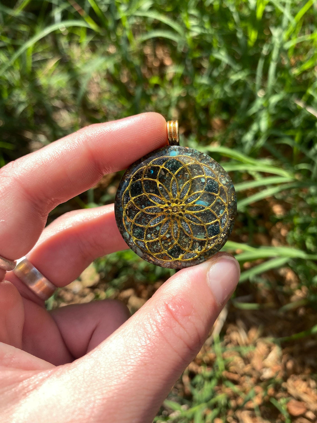 Eternal life lotus, Torus, Orgone Pendant Necklace. Made w Elite Shungite, 25 ct Gold and Turquoise. Tensor Ring. Powerful. EMF Protection.