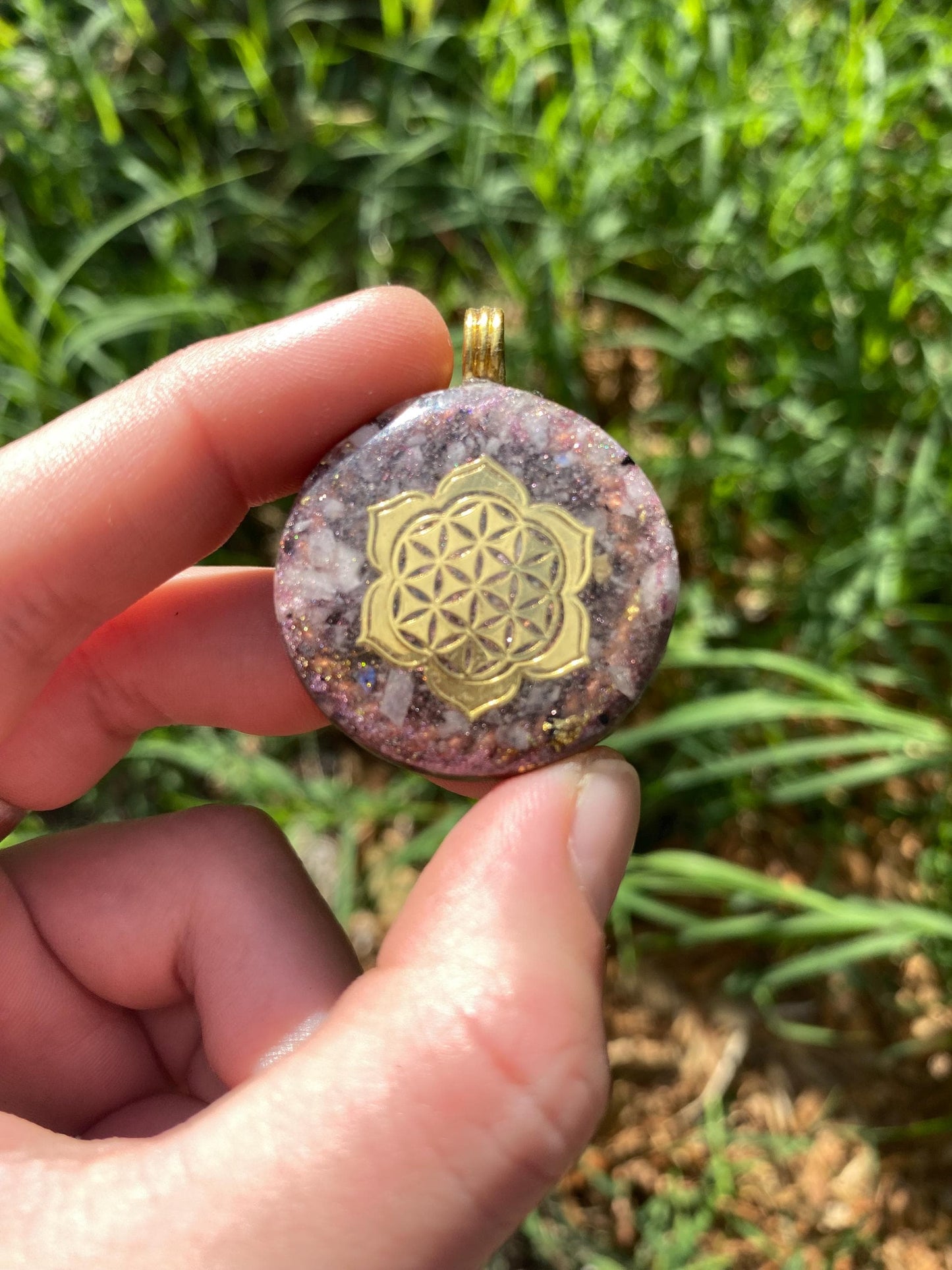 Flower of Life lotus. Orgone Pendant Necklace. Made w Rainbow Moonstone, 24ct gold, Elite Shungite, & Tensor Ring. Powerful. 5G Protection.