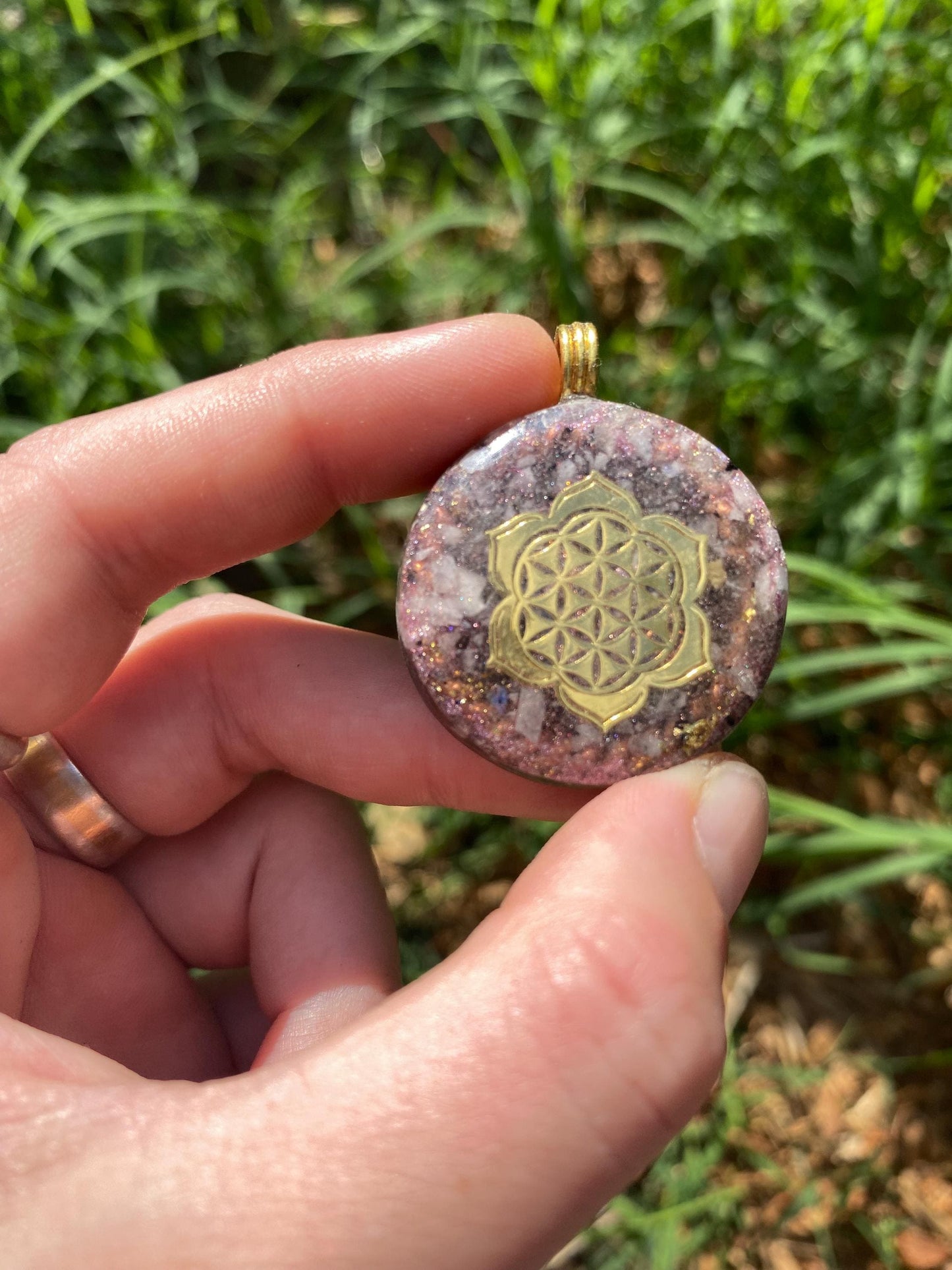 Flower of Life lotus. Orgone Pendant Necklace. Made w Rainbow Moonstone, 24ct gold, Elite Shungite, & Tensor Ring. Powerful. 5G Protection.