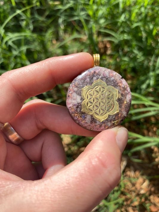 Flower of Life lotus. Orgone Pendant Necklace. Made w Rainbow Moonstone, 24ct gold, Elite Shungite, & Tensor Ring. Powerful. 5G Protection.