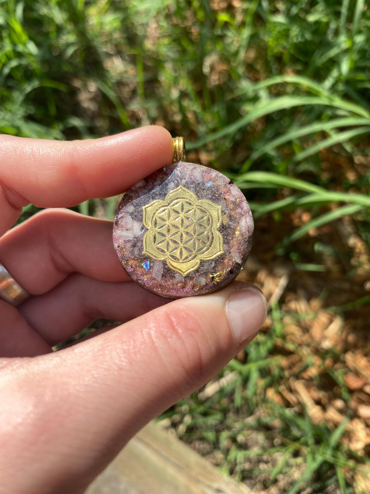 Flower of Life lotus. Orgone Pendant Necklace. Made w Rainbow Moonstone, 24ct gold, Elite Shungite, & Tensor Ring. Powerful. 5G Protection.