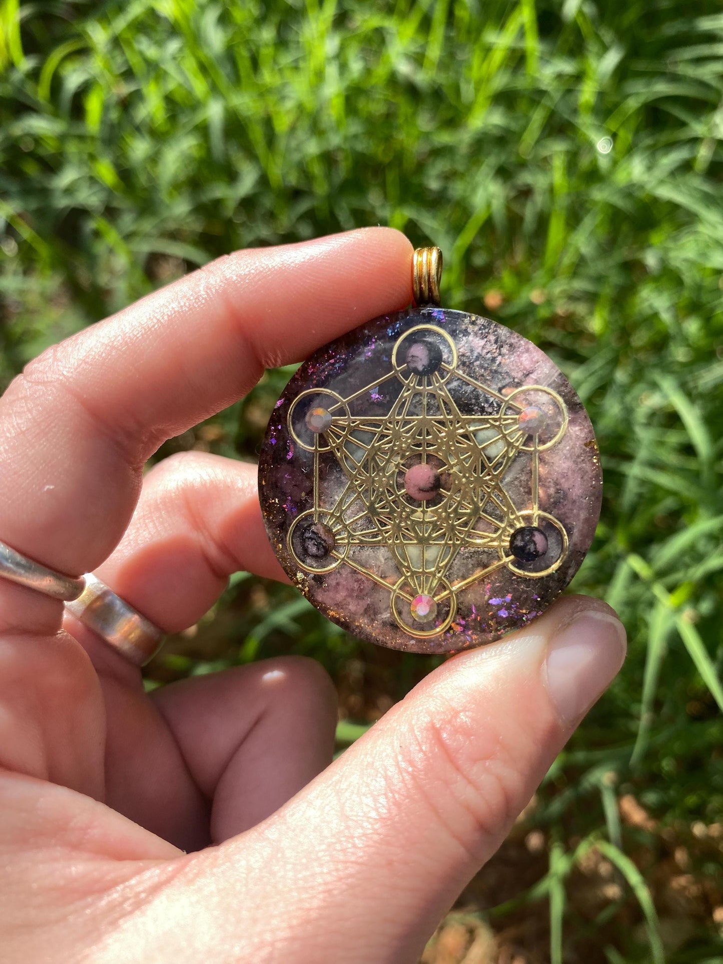 Metatrons Cube, Orgone Pendant Necklace. Made w Elite Shungite, Rhodonite, & Tensor Ring. Powerful. 5G Protection.