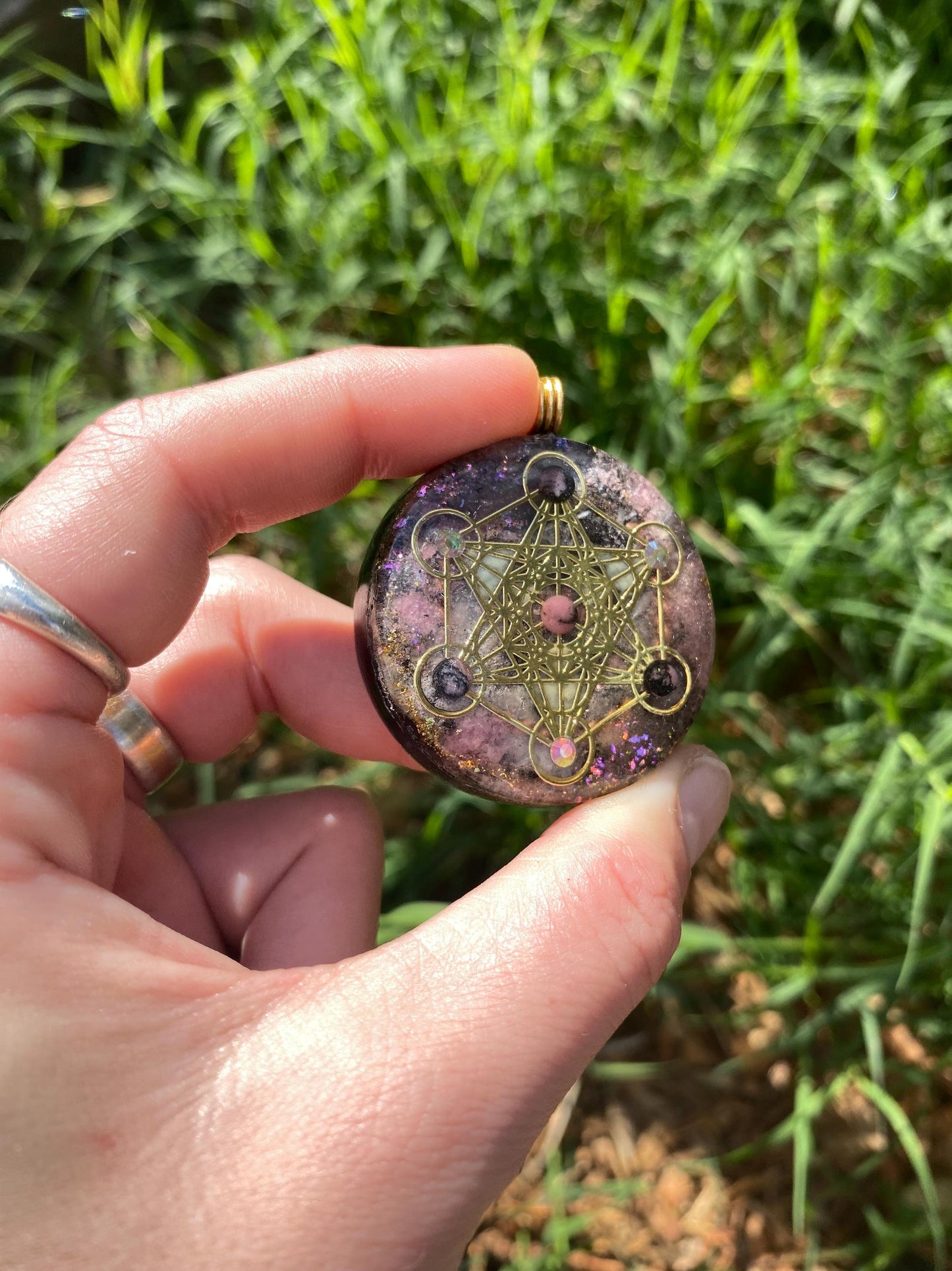 Metatrons Cube, Orgone Pendant Necklace. Made w Elite Shungite, Rhodonite, & Tensor Ring. Powerful. 5G Protection.