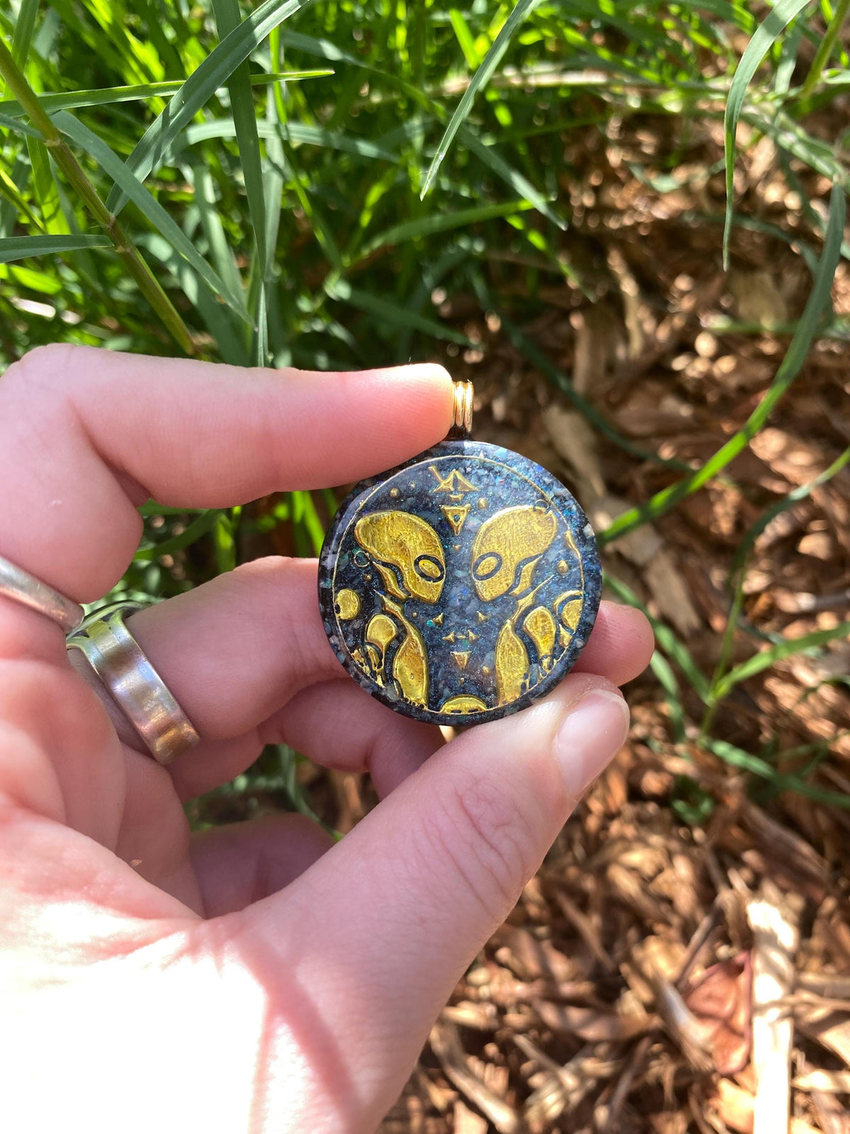 Alien, Orgone Pendant Necklace. Made w Elite Shungite, Lightning Ridge Opal.EMF Protection. TENSOR RING.