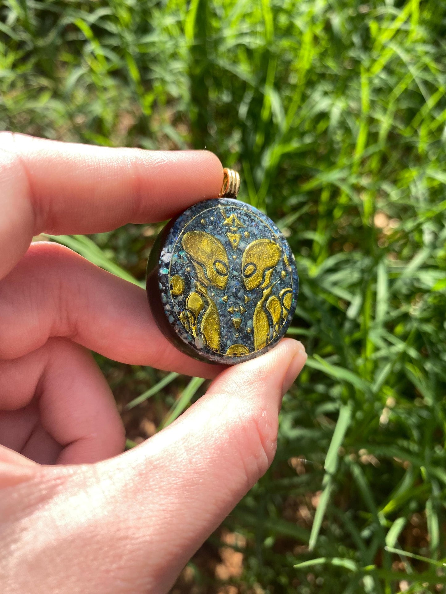Alien, Orgone Pendant Necklace. Made w Elite Shungite, Lightning Ridge Opal.EMF Protection. TENSOR RING.