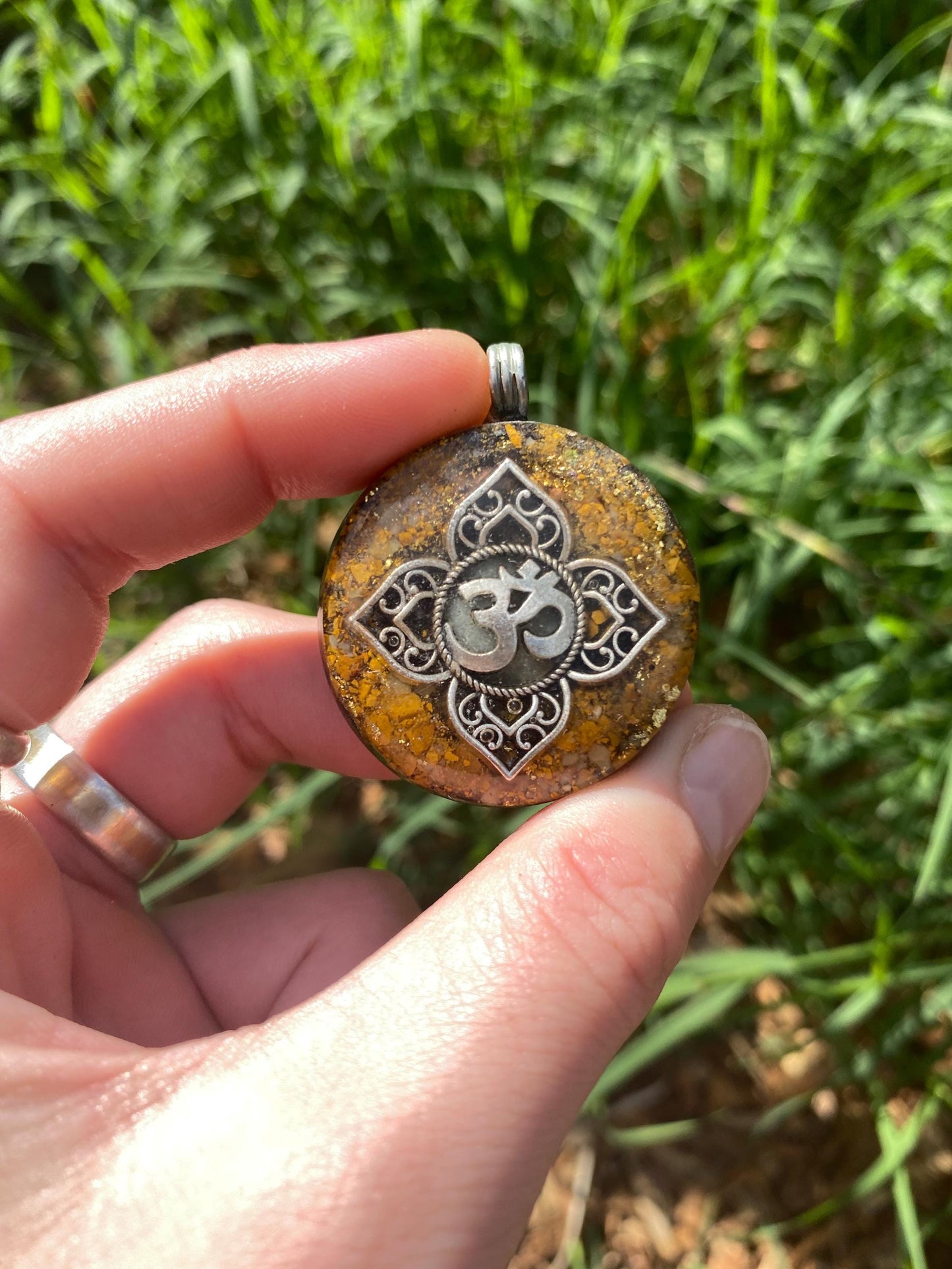 Om Mandala. Orgone Pendant Necklace. Made w Elite Shungite, 24ct Gold and Mookite & Tensor Ring. Powerful. 5G Protection.