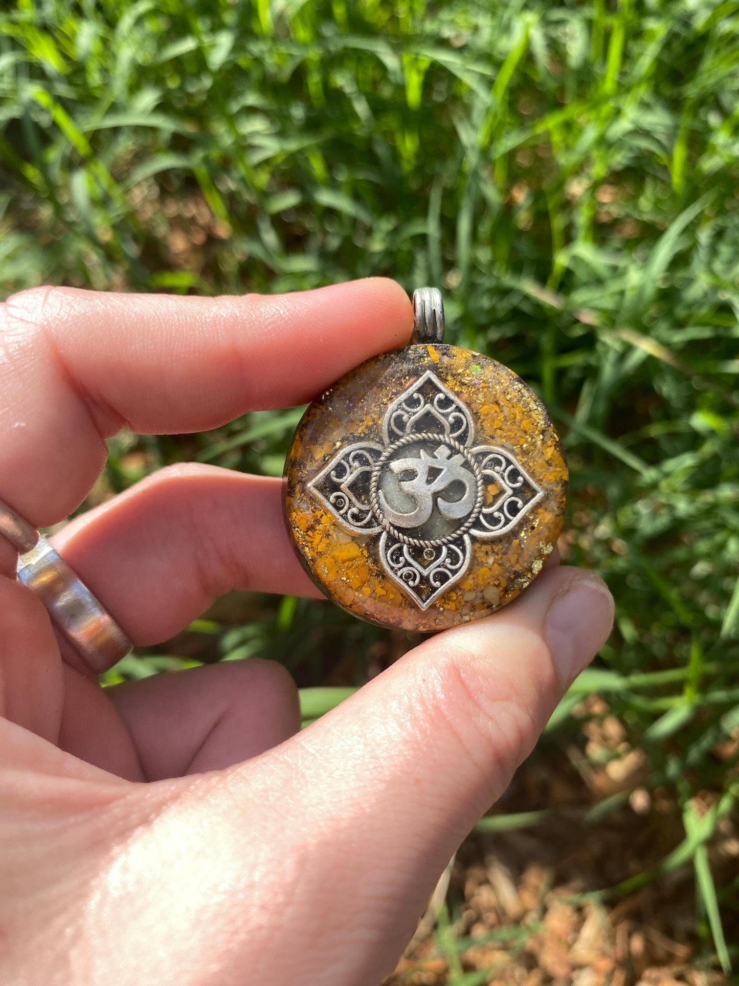 Om Mandala. Orgone Pendant Necklace. Made w Elite Shungite, 24ct Gold and Mookite & Tensor Ring. Powerful. 5G Protection.