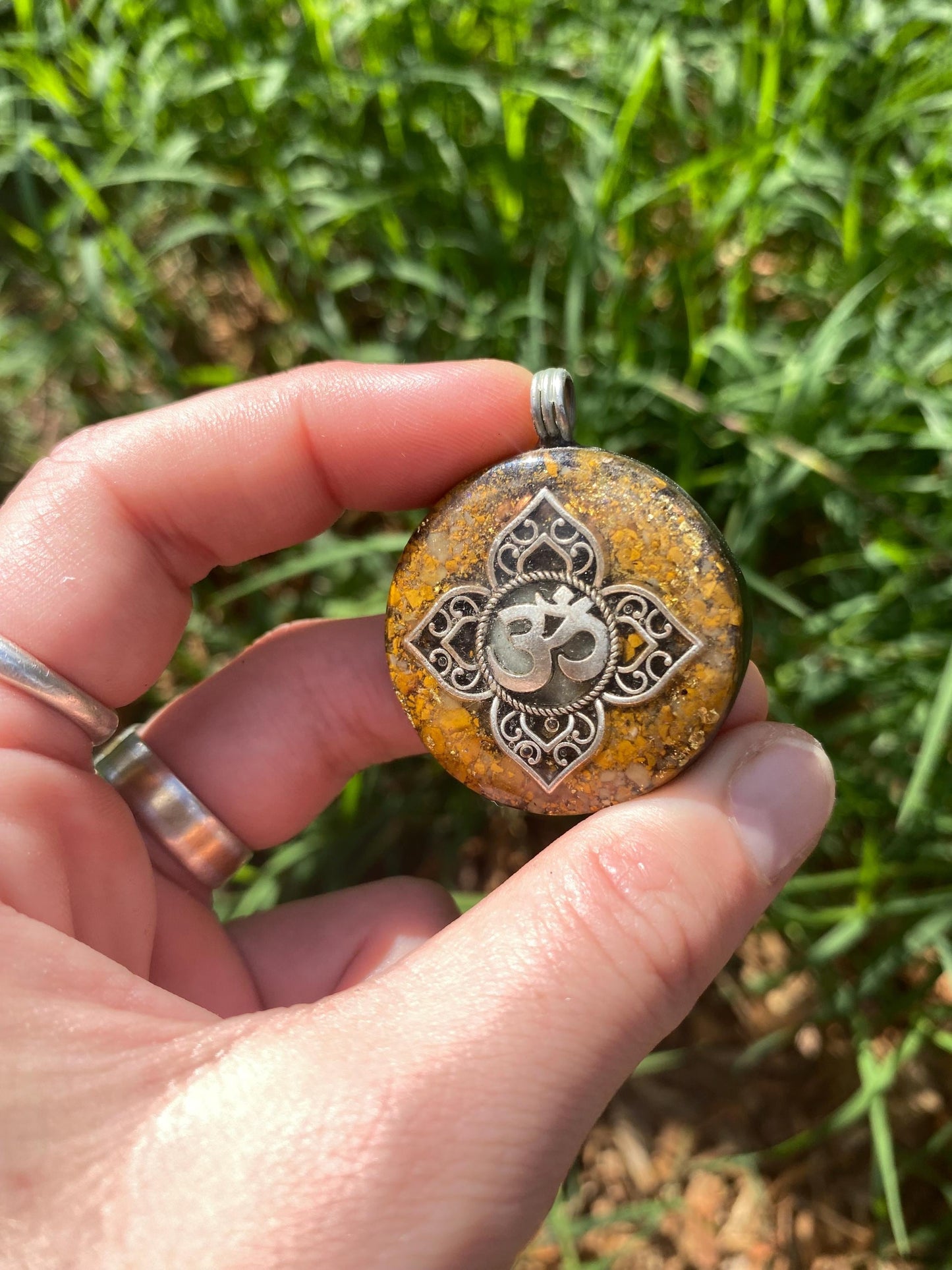 Om Mandala. Orgone Pendant Necklace. Made w Elite Shungite, 24ct Gold and Mookite & Tensor Ring. Powerful. 5G Protection.