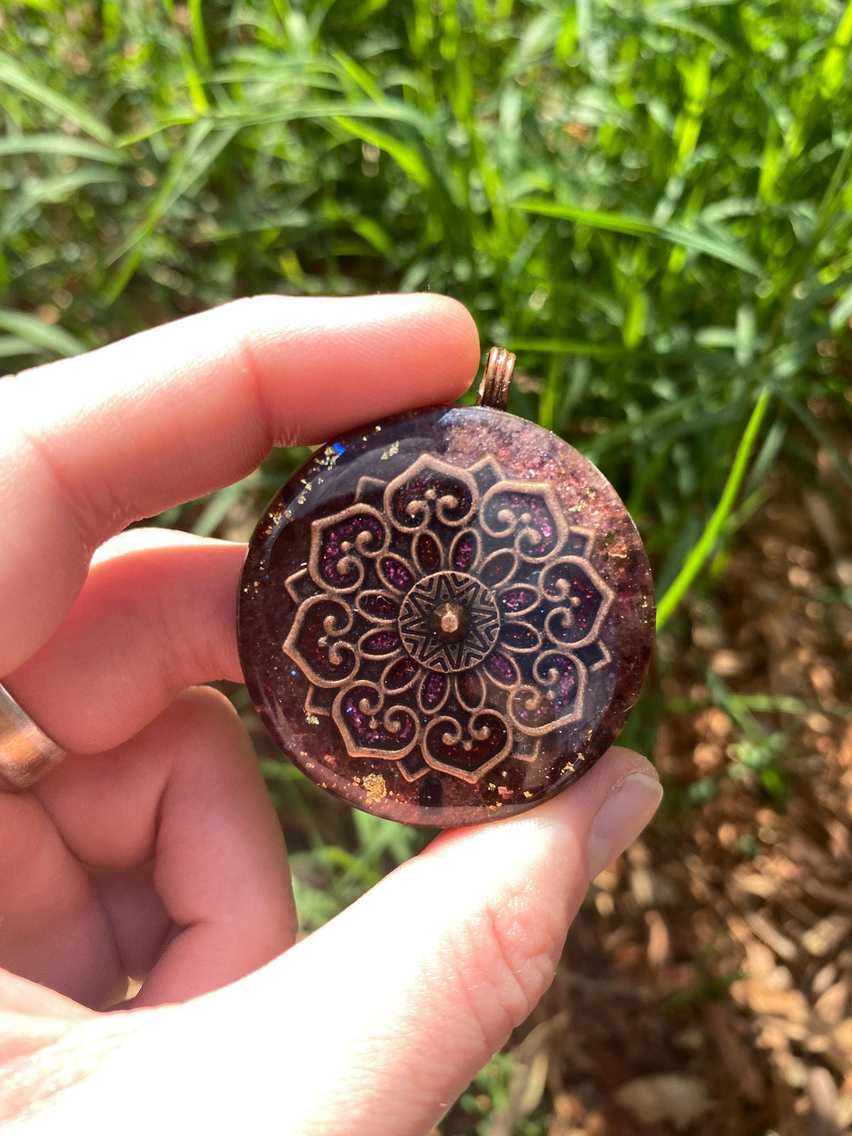 Boho Mandala. Pendant Necklace. Made w Elite Shungite. Almandine Garnet. 24ct Gold. Tensor Ring. Powerful. EMF Protection. 5G Protection.