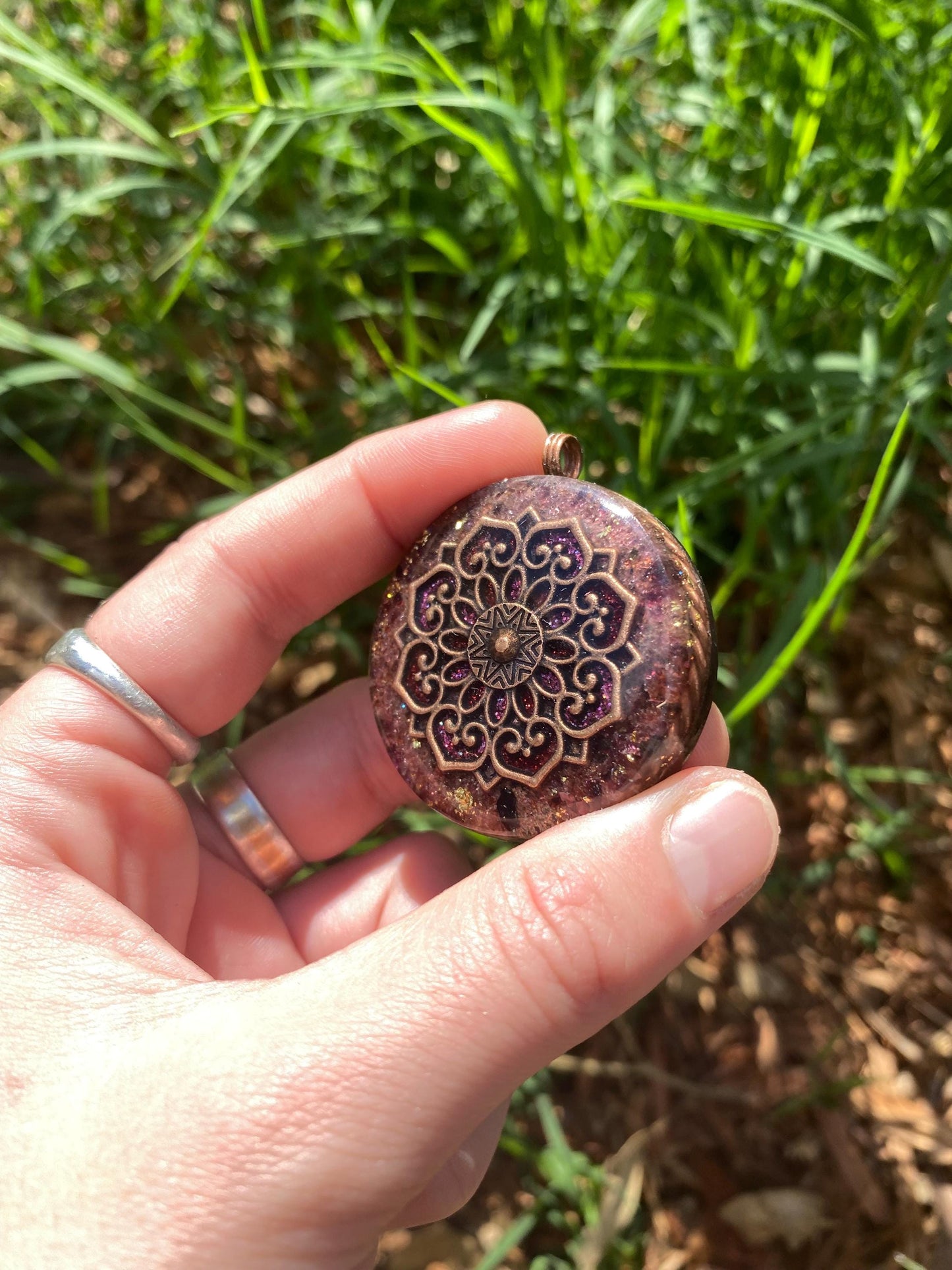 Boho Mandala. Pendant Necklace. Made w Elite Shungite. Almandine Garnet. 24ct Gold. Tensor Ring. Powerful. EMF Protection. 5G Protection.