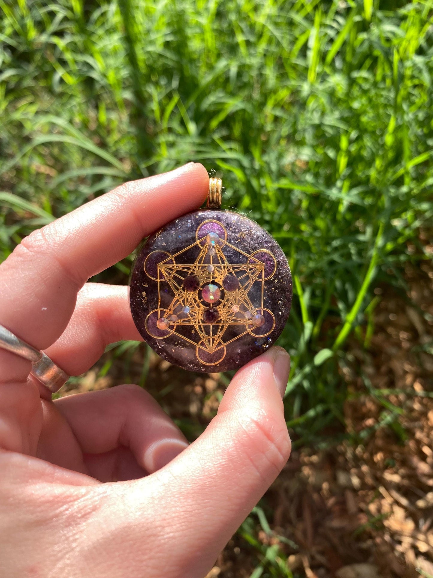 Metatrons Cube, Orgonite Pendant: Shungite, Amethyst, 24ct Gold and Tensor Ring EMF Protection