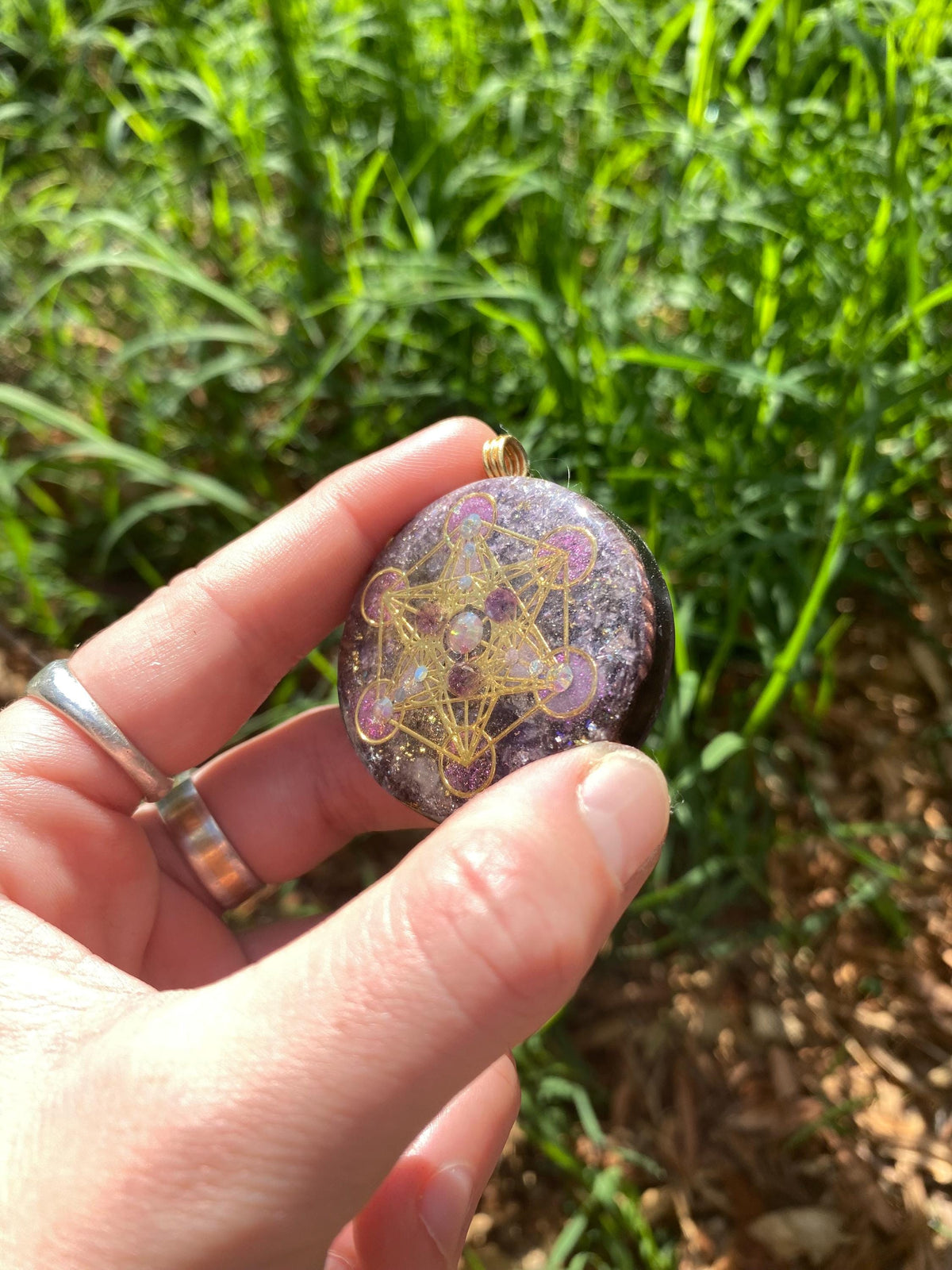 Metatrons Cube, Orgonite Pendant: Shungite, Amethyst, 24ct Gold and Tensor Ring EMF Protection