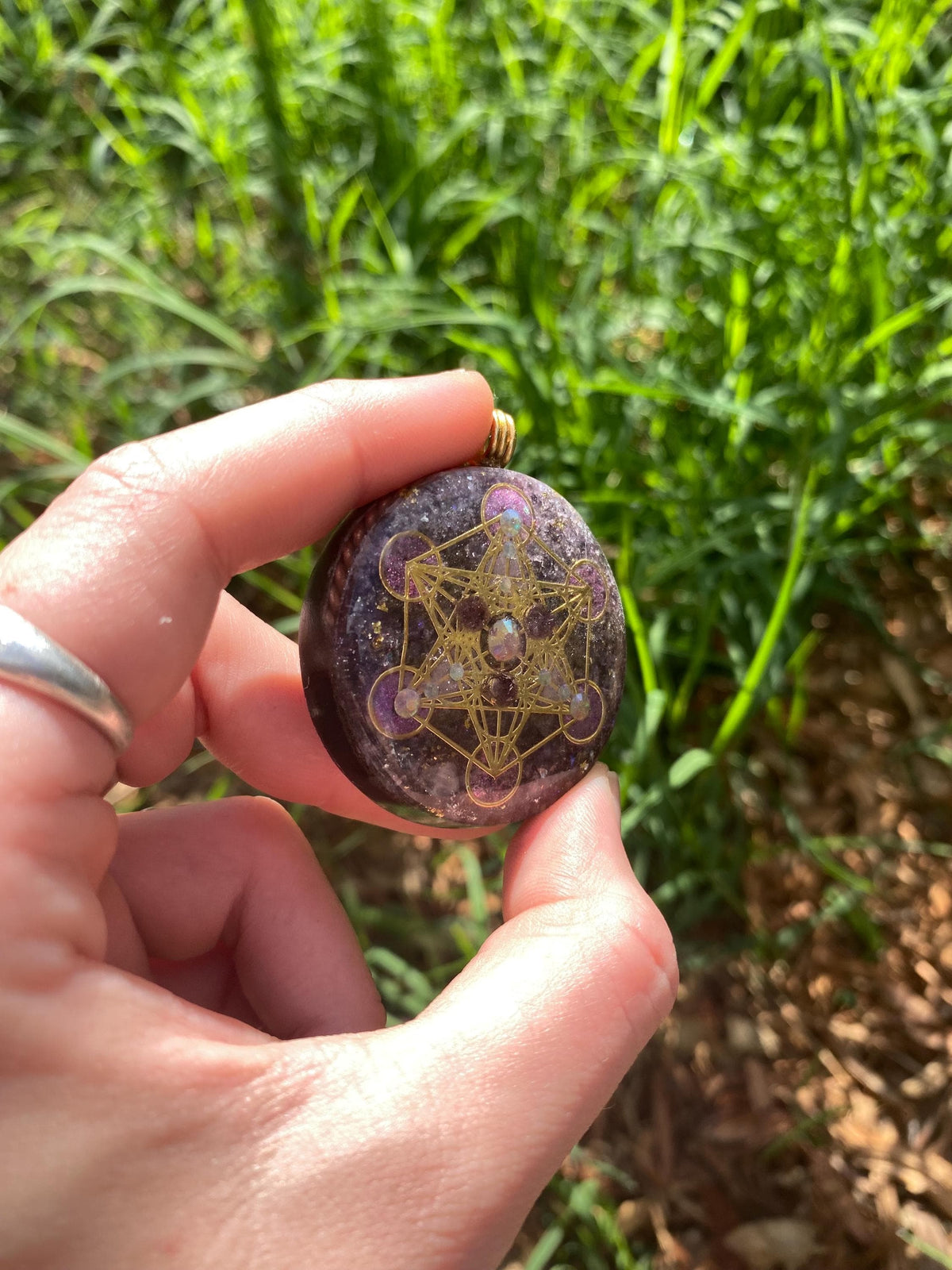 Metatrons Cube, Orgonite Pendant: Shungite, Amethyst, 24ct Gold and Tensor Ring EMF Protection