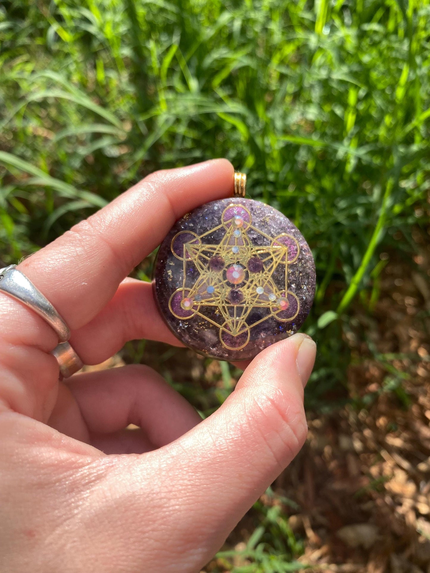 Metatrons Cube, Orgonite Pendant: Shungite, Amethyst, 24ct Gold and Tensor Ring EMF Protection